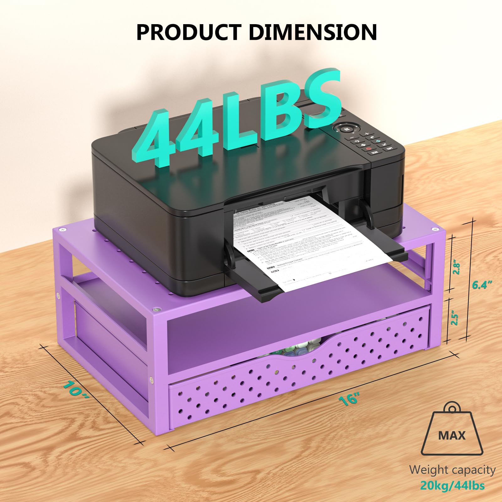 WALI Desk Organizer with Drawer，Computer Monitor Stand with Storage, Desk Organizers and Accessories for Computer, Printer, Laptop Riser for Home Office Supplies, (PTT005-V), 1 Pack, Purple view 2