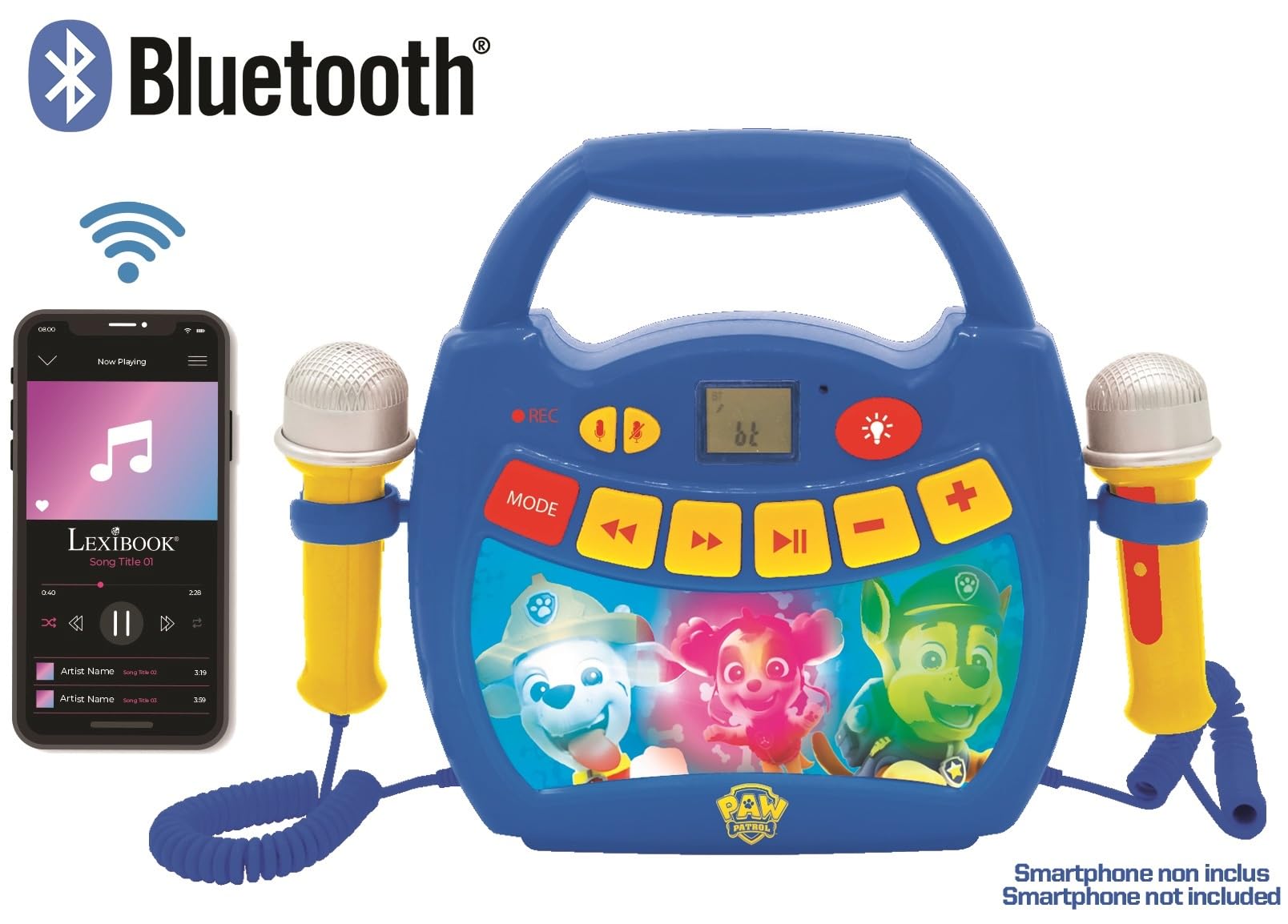 Lexibook – Paw Patrol - Lettore Musicale Karaoke Portatile per Bambini - Microfoni, Effetti di Luce, Bluetooth, Blu/Rosso, MP320PAZLXB