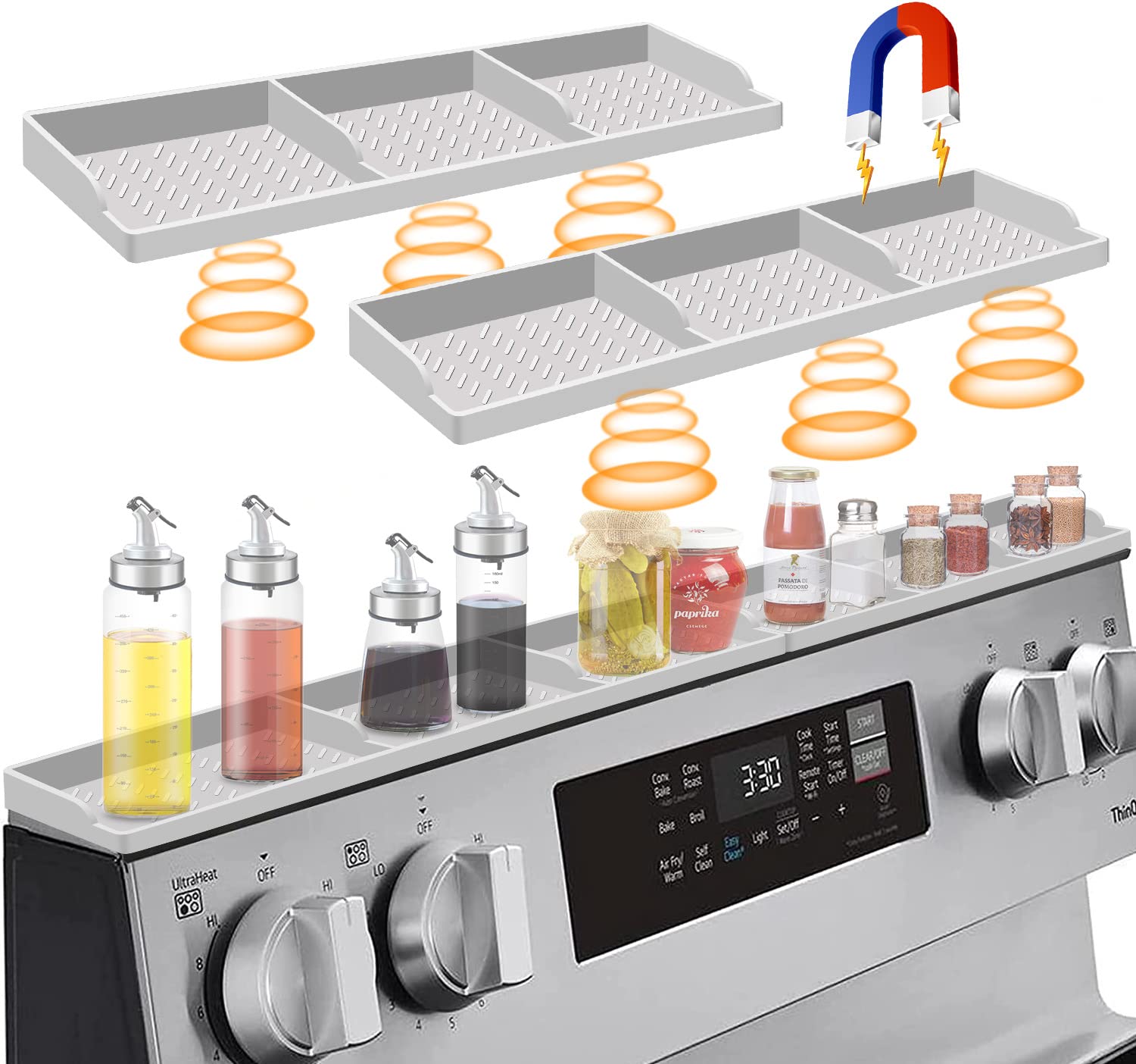 Hydream Stove Top for Silicone Shelf,30 Inch Magnetic Shelf Over the Stove Spice Rack of,Kitchen Organizer Magnet Above Stovetop Flat Back of Storage Suctioned-Light Grey