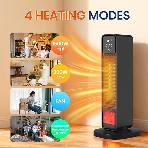 Miniatura 2 de Calentador de espacio para interiores, soplador eléctrico de aire caliente de 1500 W con llama 3D y oscilación de 70°, calentador de cerámica