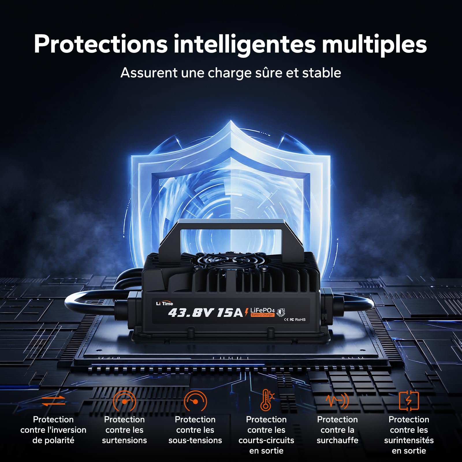 LiTime Chargeur Batterie LiFePO4 36V 15A, Chargeur Lithium 43,8V IP66 Étanche avec Activation de Batterie, Indicateur LED, Chargeur Intelligent 3 Étapes pour Golf Cart, Camping-Car, Bateau