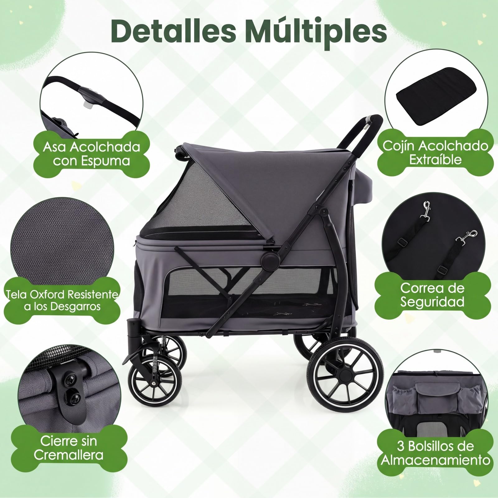 COSTWAY Carrito para Perros Plegable Grande, Cochecito para Mascotas con Ruedas, Toldo Ajustable de Malla, Bolsillos de Almacenamiento y Cinturón de Seguridad, Carga 40 kg, 96 x 71 x 102.5 cm (Gris)