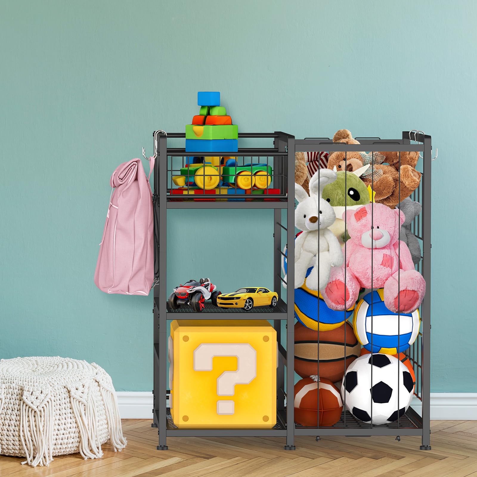Nandae Soporte de Bolas de Metal, Estante Vertical para Bolas con Ganchos, Organizador de Equipos Deportivos para Habitaciones y Exteriores para Baloncesto, fútbol, Voleibol, Golf