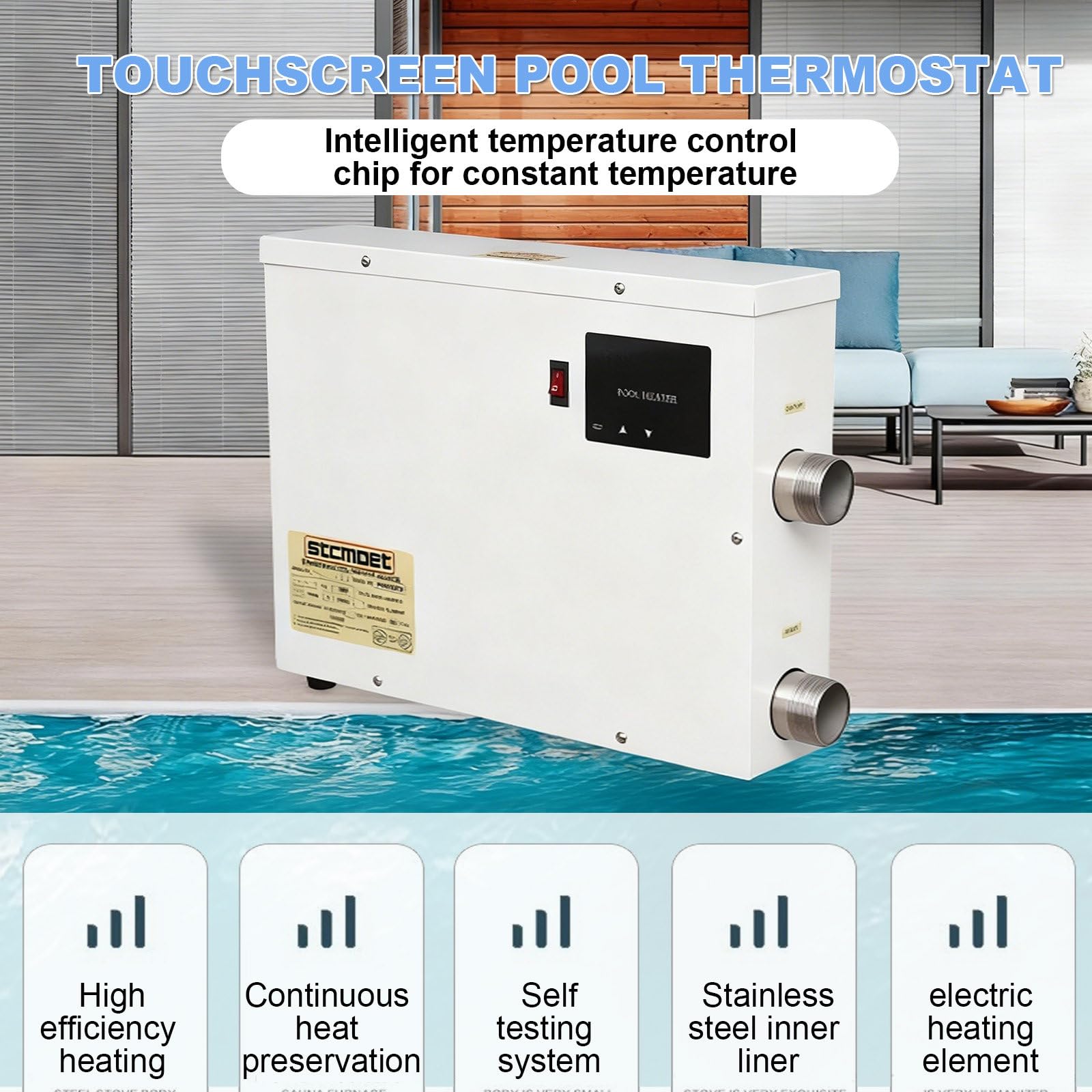 Edelstahl-Pool- Und Spa-Heizung | 5,5 Kw/9 Kw/11 Kw/15 Kw Elektrische Poolheizung Mit Thermostat Und Touchscreen, Geeignet Für Schwimmbäder, Spas Und Badewannen. 15kw