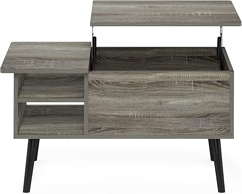 Miniatura 6 de Furinno Jensen - Mesa auxiliar de madera con parte superior elevadora de patas con compartimento oculto y estante lateral abierto para sala de
