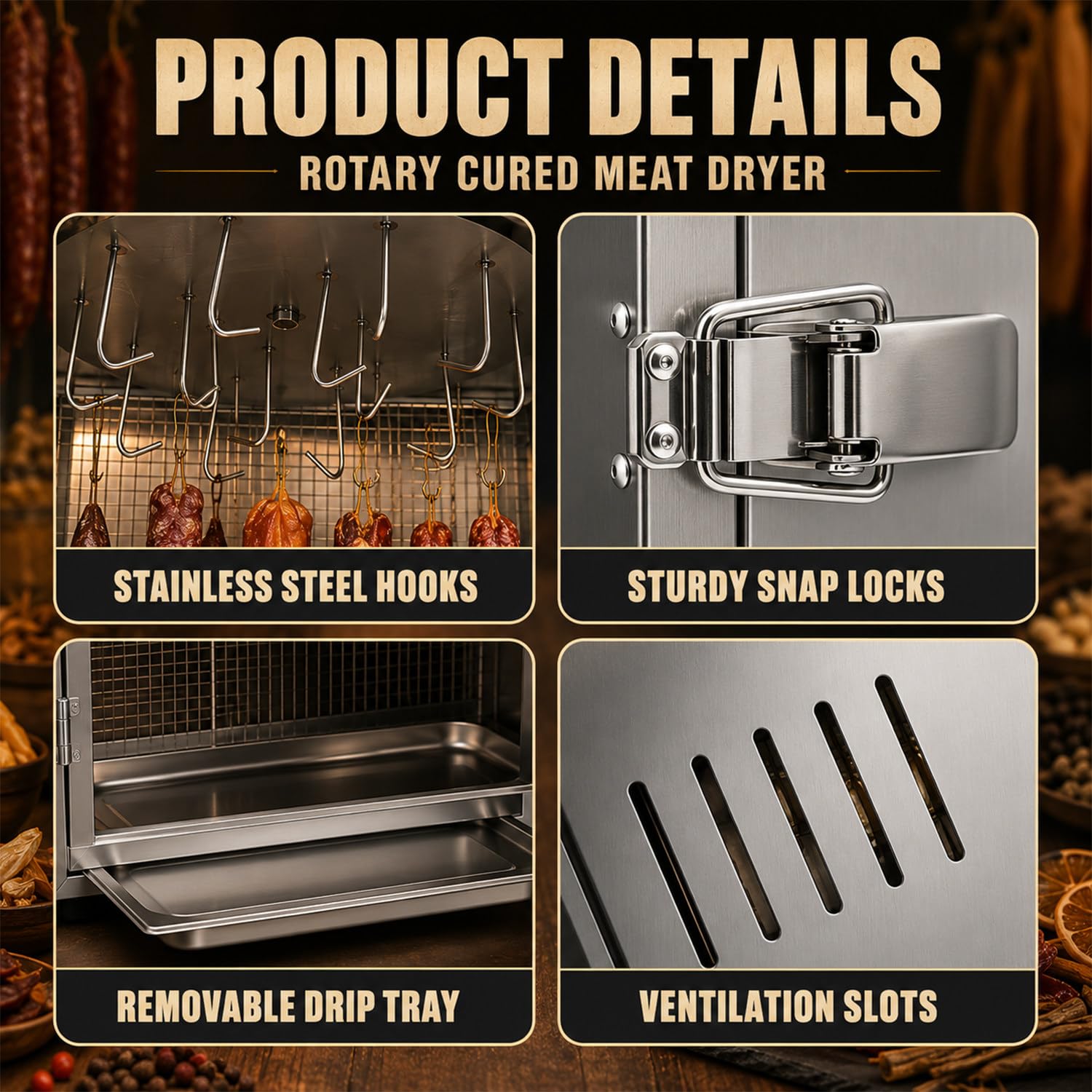 Reifeschrank Für Fleisch, Drehbarer Fleischtrockner, Dry Ager Reifeschrank, Edelstahl, 0–90 °c Einstellbar, Mit 14 Haken Und LED-Bedienfeld, 7,5 Kg Fassungsvermögen, Für Wurst, Bacon, Hähnchen