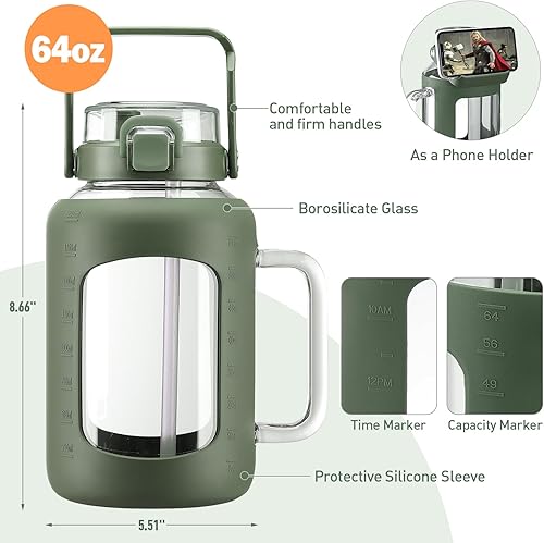 Miniatura 5 de Botella de agua de vidrio de 64 onzas, vasos de vidrio con popote y asa, taza con funda de silicona, botella de agua de medio galón de boca ancha
