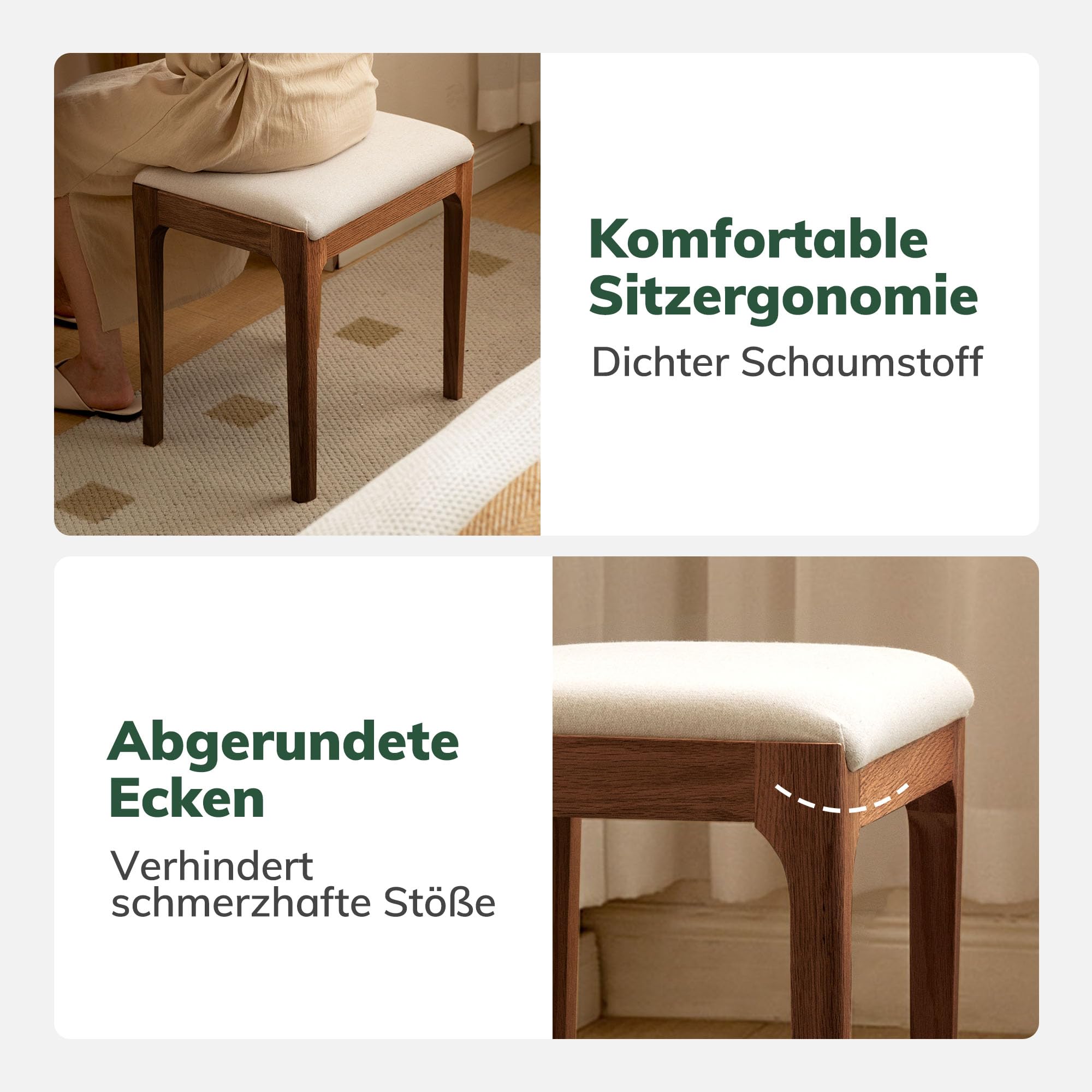 YESWOOD Schminktisch Stuhl, Stabiler Holzhocker Massivholz, Polsterhocker mit Leinenoptik, Schminktisch Hocker 42x30x42 cm, Make-up Hocker für Schlafzimmer, Eiche in Walnussfarbe