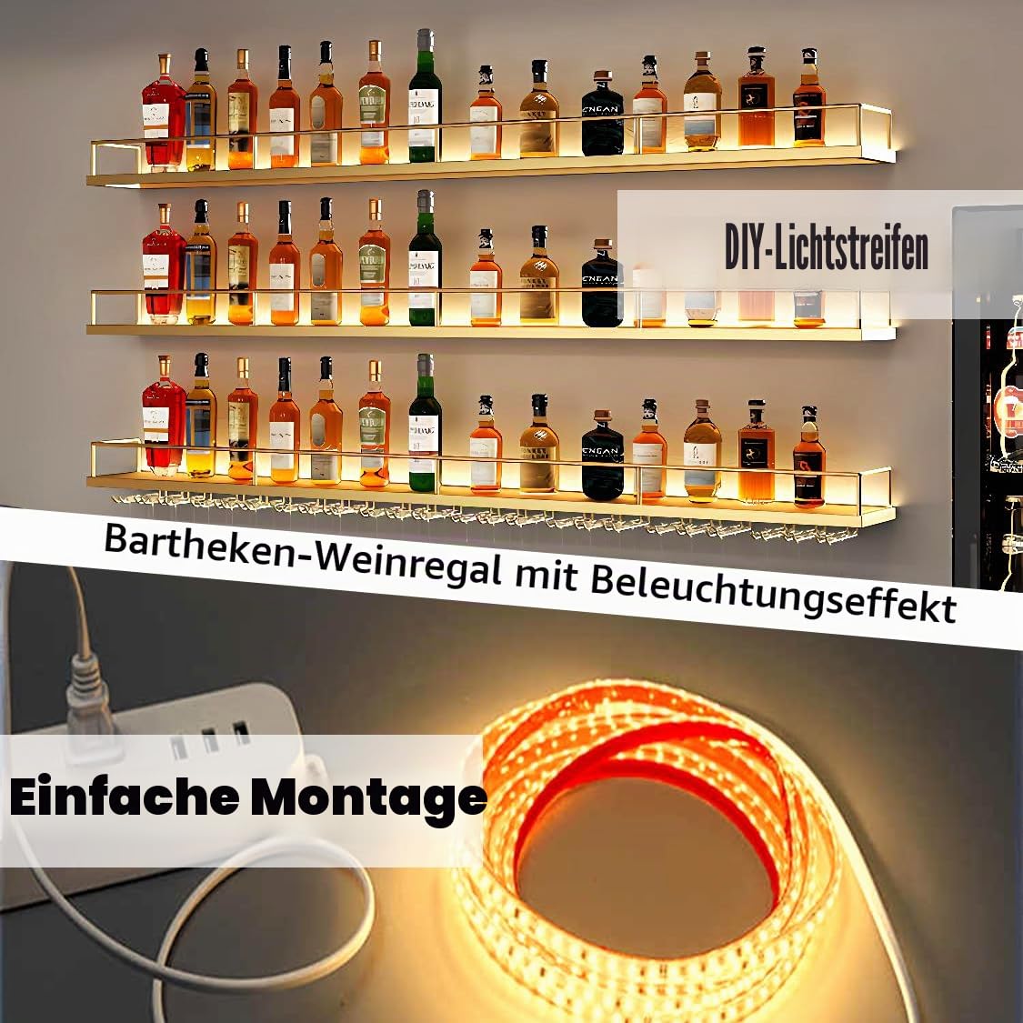 Wand montiertes Weinregal mit Weinglasregal, Metall Wine Display-Ständer Einstellbarer Raum, Schwebendes Barregal Flaschenregal Wandmontage für Bar-Einheiten, Küche Dekoration (Gold, 140cm)
