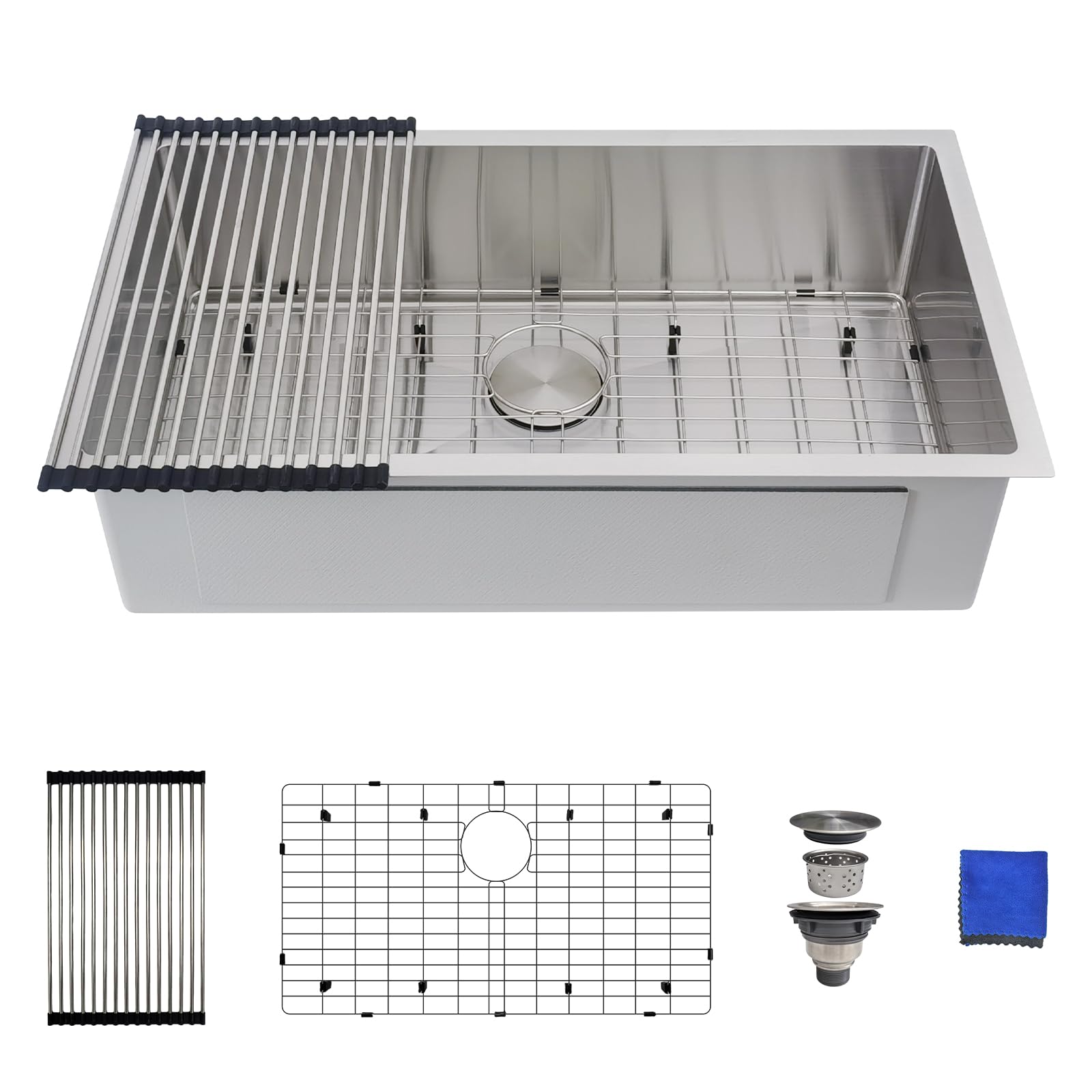 Delironexu - Lavello da cucina da 81 cm, in acciaio inox calibro 16, vasca singola, 81 x 45 cm, con finitura spazzolata, include 4 accessori