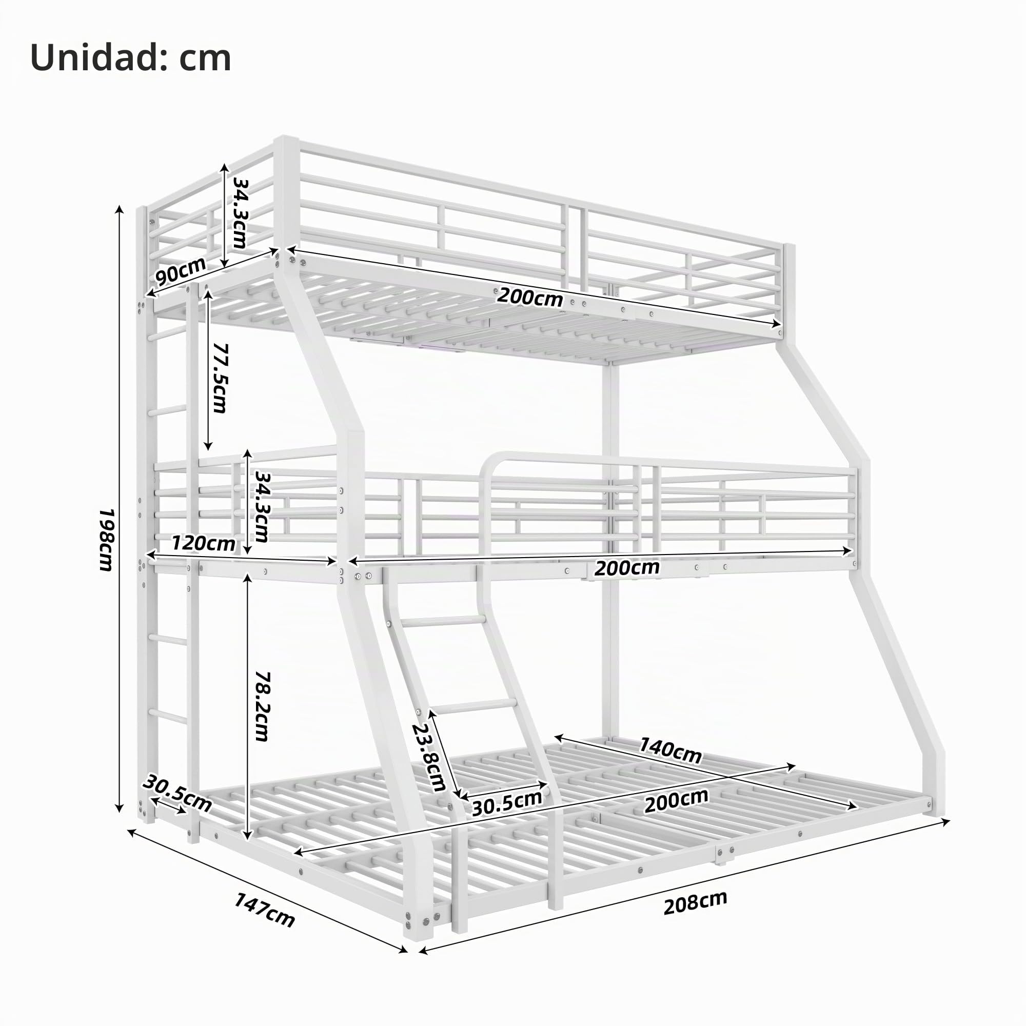 Idemon Litera con tres camas 90(120,140) x200CM, estructura de cama metálica, cama de hierro, litera triple, adecuada para niños, adolescentes y adultos (Sin colchón) (Blanco)