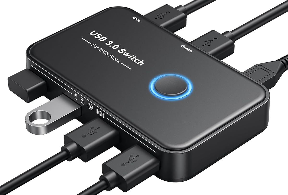 USB 3.0 Switch, ABLEWE KVM Switch Selector 2 Computers Sharing 4 Devices KVM Switcher for PC, Printer, Scanner, Mouse, Keyboard with 2 Pack USB Cable,1 Micro USB Power Cable