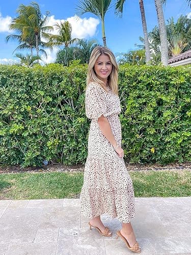 Miniatura 4 de GRECERELLE - Vestido de verano para mujer, informal, holgado, cuello redondo, bohemio, con volados, manga abombada y cintura alta, vestido de playa