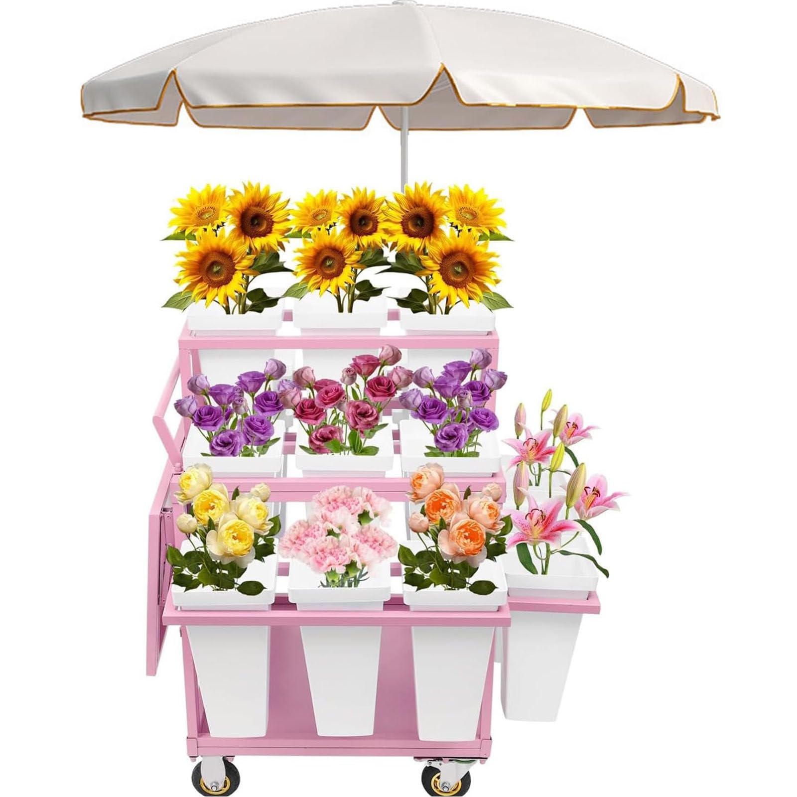 Soporte para Flores de 3 Niveles con 18 Cubos de plástico - Carrito metálico Moderno para floristería/Bodas/hogar, Ruedas con Bloqueo, fácil de Instalar, Blanco