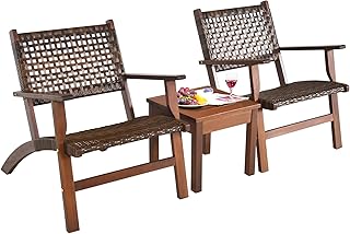 RELAX4LIFE 3-Pieces Porch Bistro Set - Outdoor Eucalyptus Wood Patio Furniture Set with Coffee Table, Outside Rattan Chairs for Poolside, Balcony, Garden, Deck, Hand-Woven PE Wicker Conversation Set