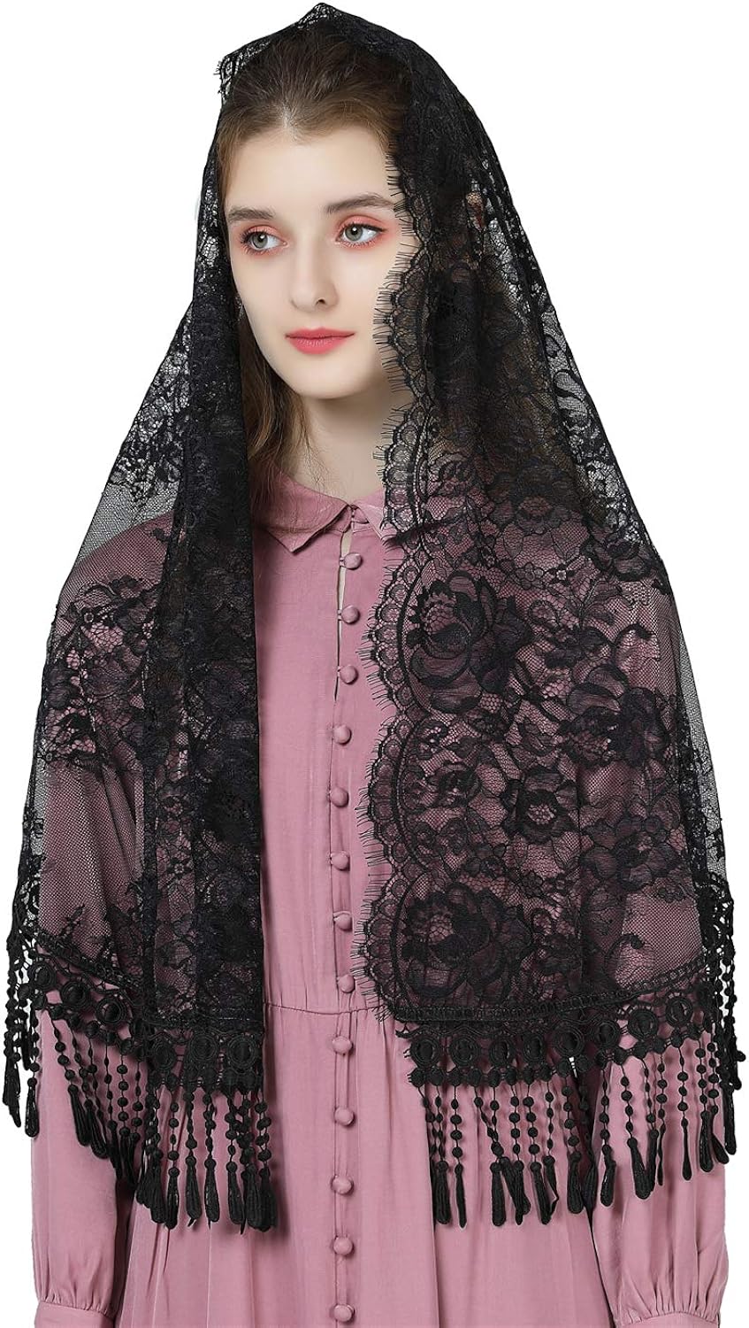 BEAUTELICATE Velo de Encaje con Flecos Mantilla Pañuelo Chal Mujer para Iglesia Adoración Misa Capilla Católica Boda Fiesta V118