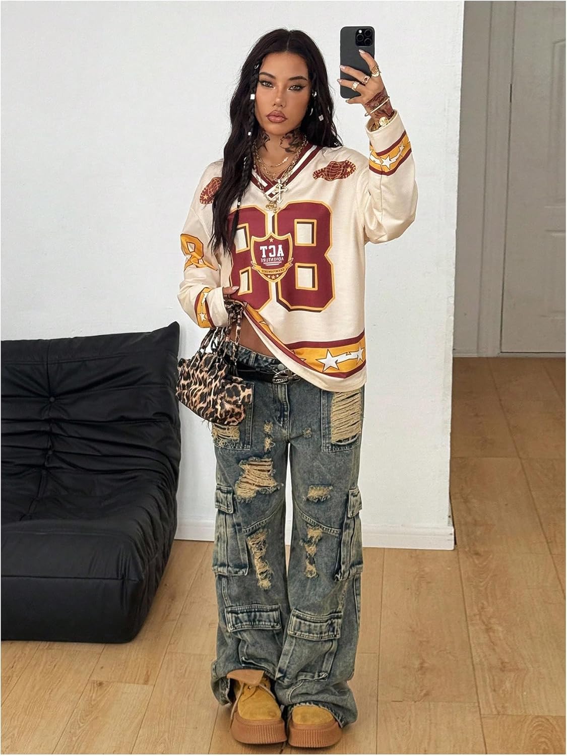 GORGLITTER Women's Oversized Jersey Shirts Y2k Clothes Number Letter Graphic Long Sleeve V Neck Top Aesthetic Streetwear - Image 6