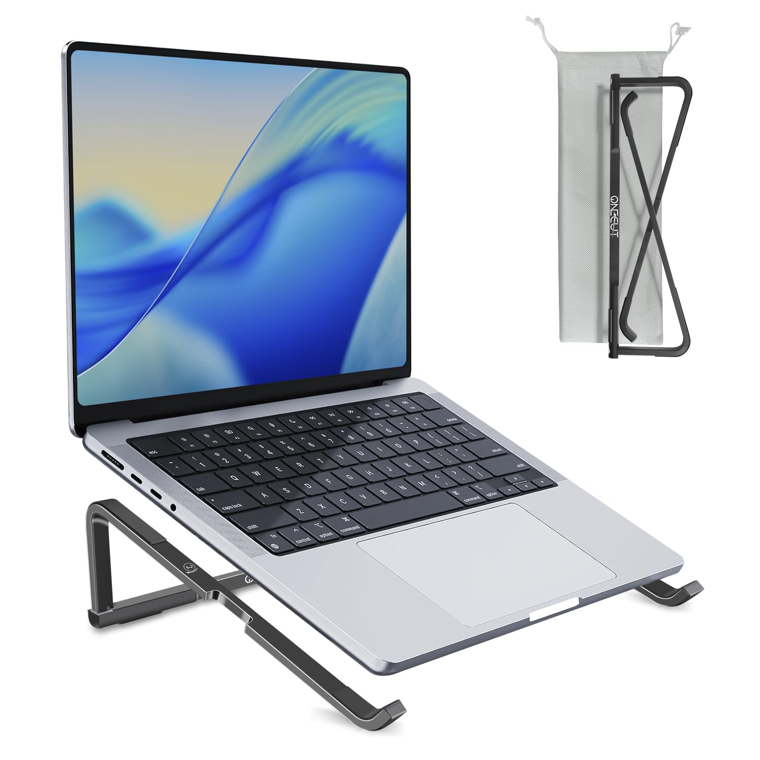 OneCut Foldable Laptop Stand for Desk, Aluminum Computer Stand for Laptop, Potable Laptop Riser, Laptop Stand, Compatible for MacBook Pro/Air, Dell, HP, Lenovo, 10'' -15.6'' (Black)