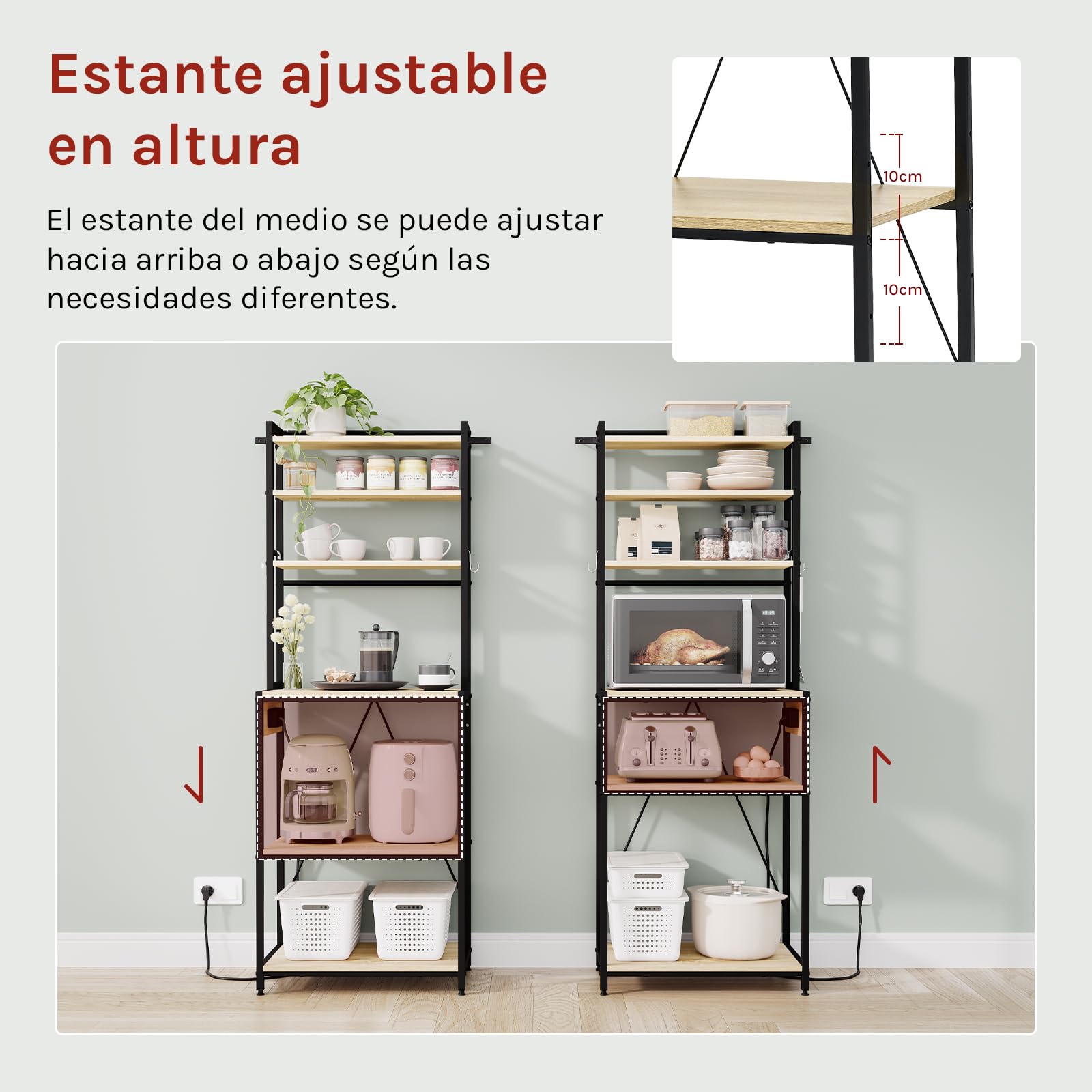 WOLTU Estantería Cocina con Enchufes, Soporte para Microondas con 6 Estantes y 6 Ganchos, Estanteria Almacenaje para Cocina Baño Salón, Metal+Madera, Negro+Roble Claro, 60x39,5x167 cm