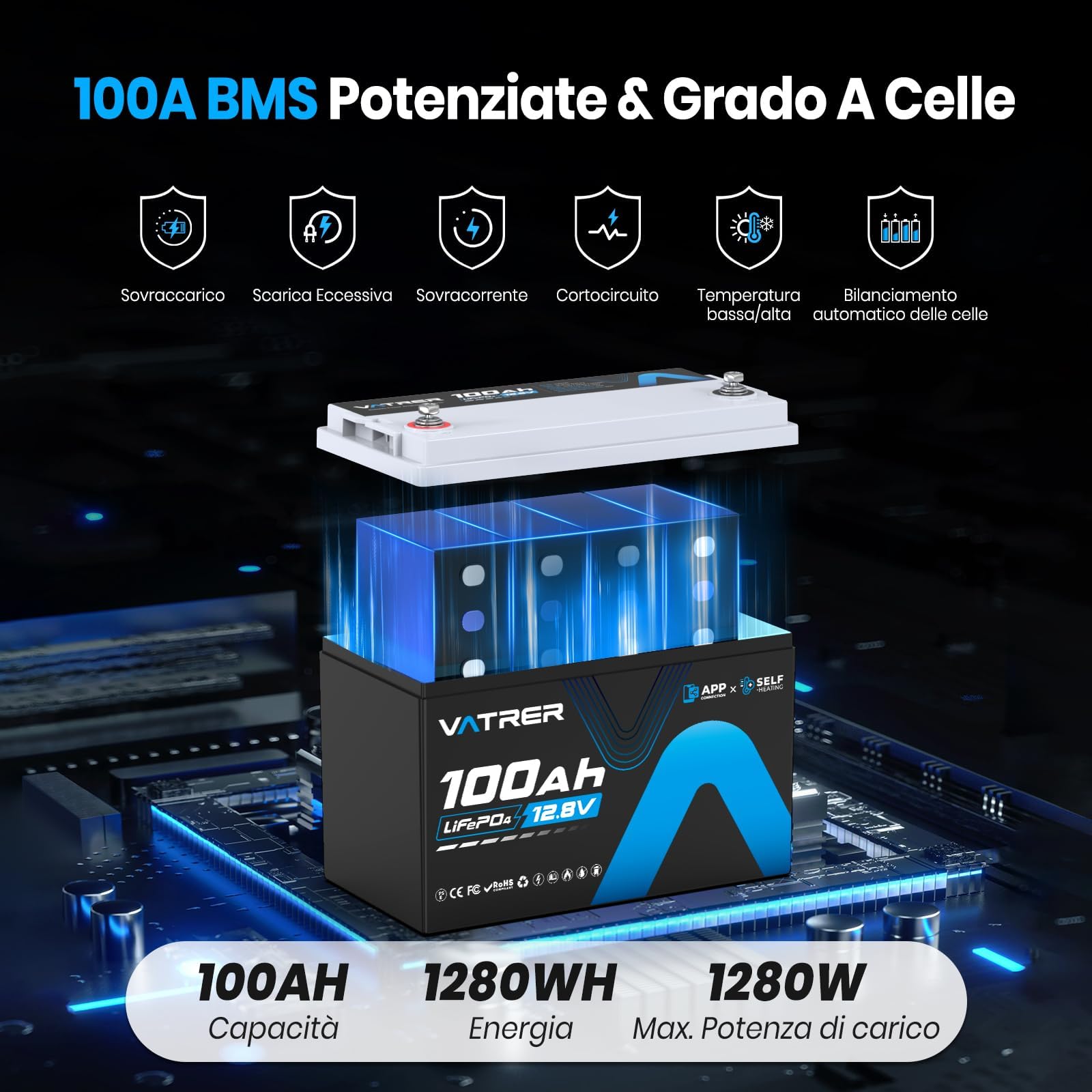VATRER POWER 12,8V 100Ah LiFePO4 Batterie mit Selbstheizung & Bluetooth | 100A Smart BMS·1280Wh Nutzbare Energie·5000+ Zyklen·Für Wohnmobil,Caravan & Solaranlage