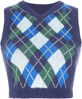 Yccutest Women Sweater Vest Vintage Argyle Knitwear V Neck Sleeveless Knitted Tank Top Girl Pullover Sweaters