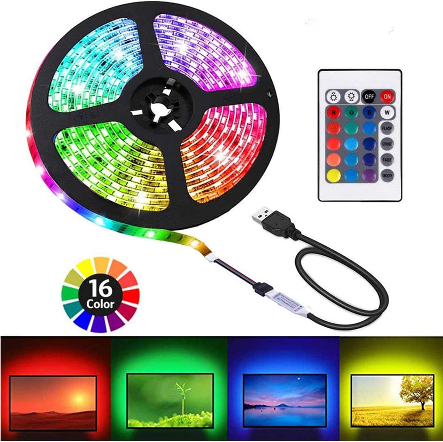 USB LED Strip Lights, DIY Indoor Decoration, TV Backlight, 24 Keys Infrared Remote Control can Remote Control LED Strip Light, 6.56 feet RGB 5050 Light with 16 Colors, [Energy Class A]
