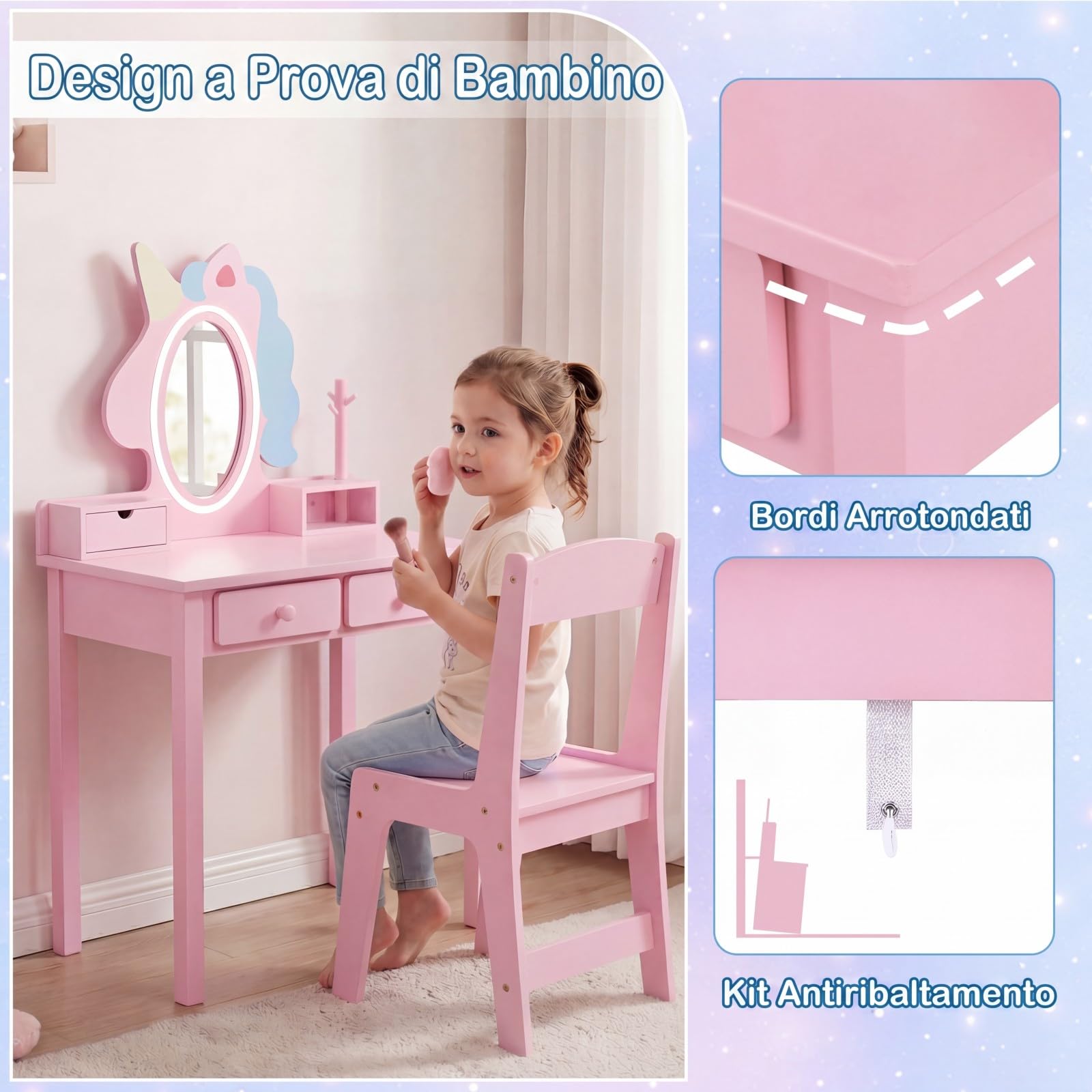 COSTWAY Toeletta Trucco per Bambini a Unicorno con Specchio Ovale, Rosa | Postazione Trucco in Legno con Tavolino con Cassetti, Mensole e Scaffale & Sgabello & Specchio Rimovibile per Cameretta