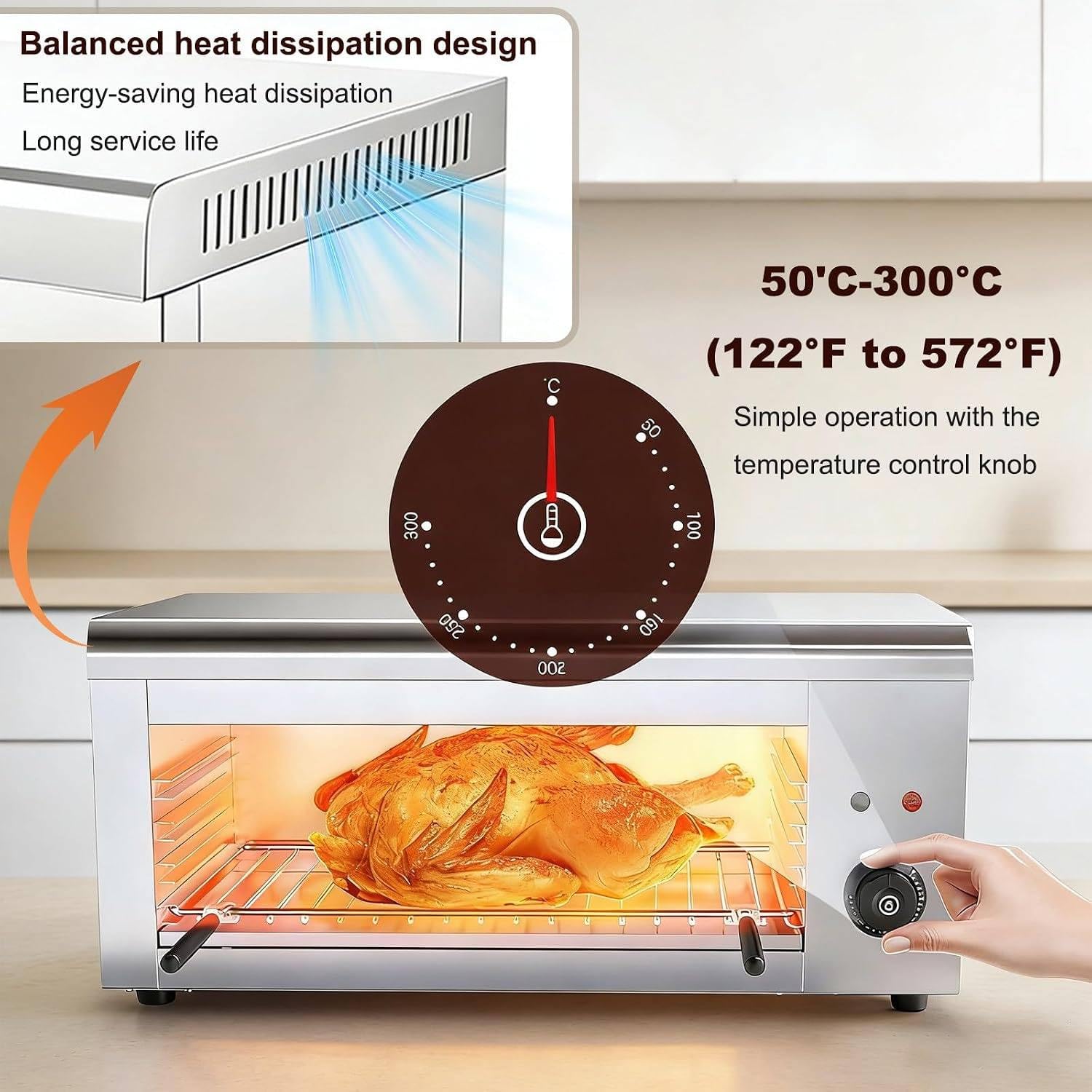 Elektryczny opiekacz typu salamander o mocy 2000W – grill do steków i zapiekania serów z wyjmowanymi płytami; do podgrzewania potraw, zakres temperatur 50–300°C