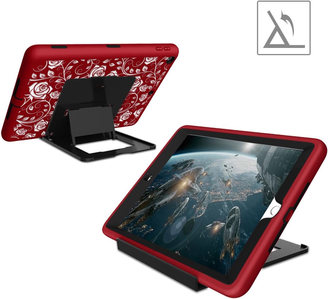 Hocase iPad 9.7 2018/2017 Case Heavy Duty Shockproof Silicone Rubber+Hard Shell Hybrid Protective Case w/Rose Floral Print for iPad 5th/6th Generation A1893/A1954/A1822/A1823 - Red/Black