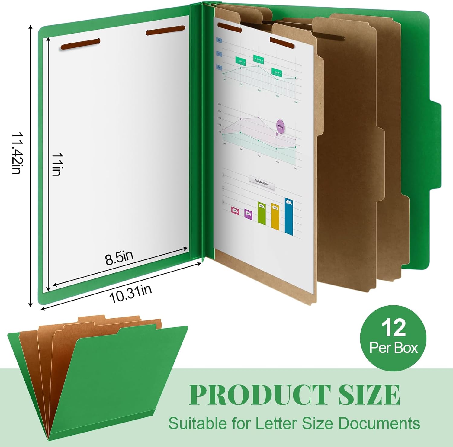 Skyygemm 12 Pcs Classification Folders Letter Size, 3 Divider Pressboard File Folder with Fasteners, Expanding File Organizer Bulk for School Teachers, Office Employee, Coworker, Staff (Green)