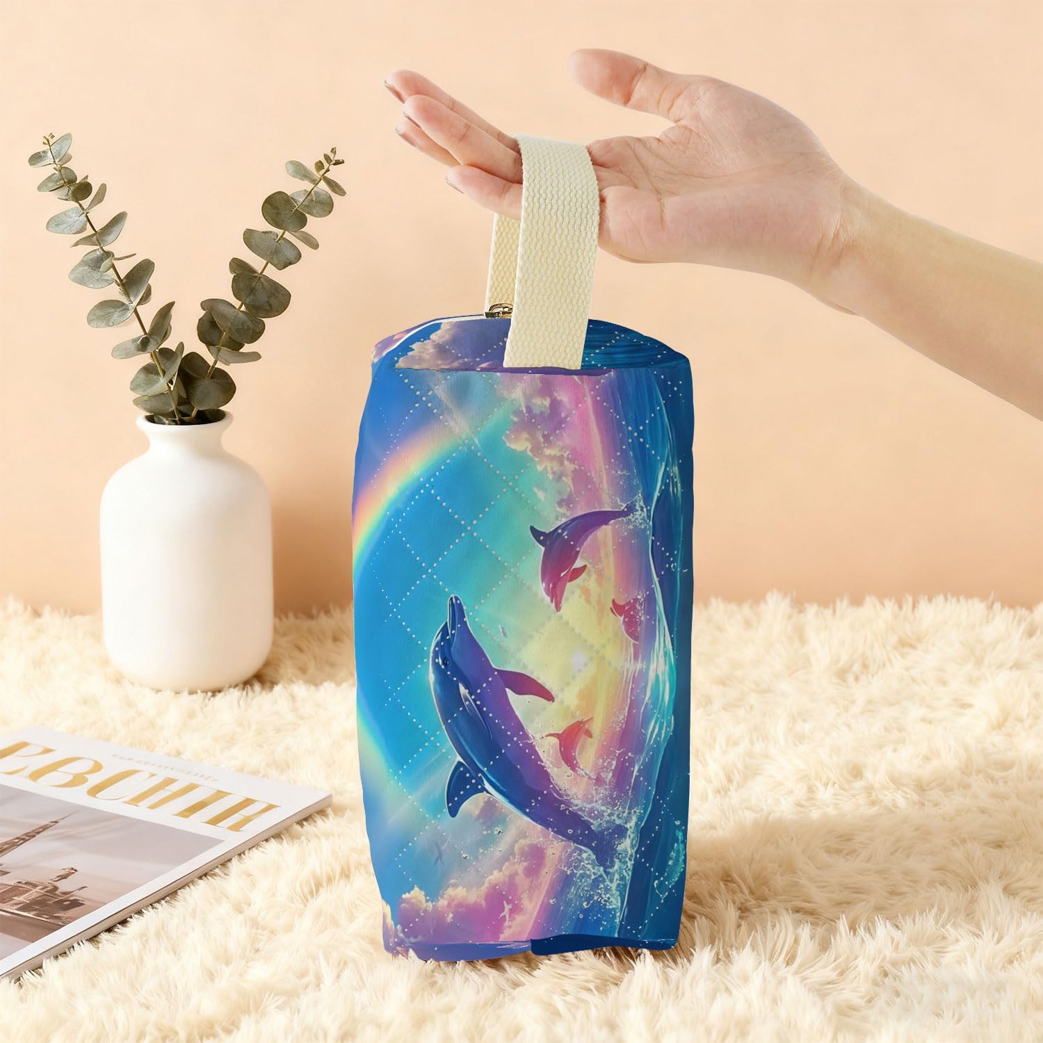 Rainbow Dolphin Printed Quilted Makeup Pouch for Women - Velvety Polyester Cosmetic Organizer w/Triple Compartments, Travel & Makeup Brush Holder - Image 6