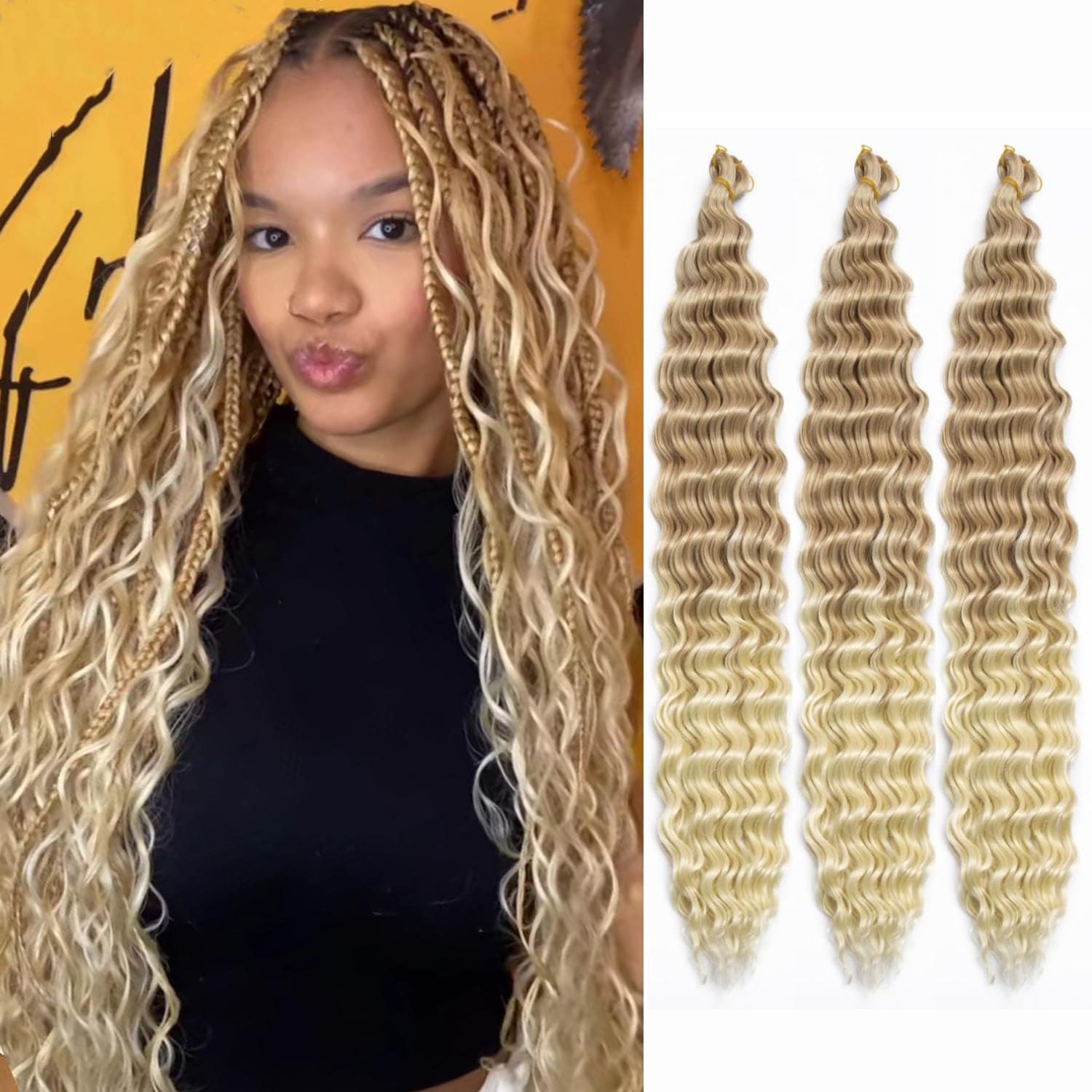 Ocean Wave Crochet Hair 3Packs Deep Wave Braiding Hair Curl Crochet Braiding Hair Extension Ocean Wave Braids Hair for women (27/613#