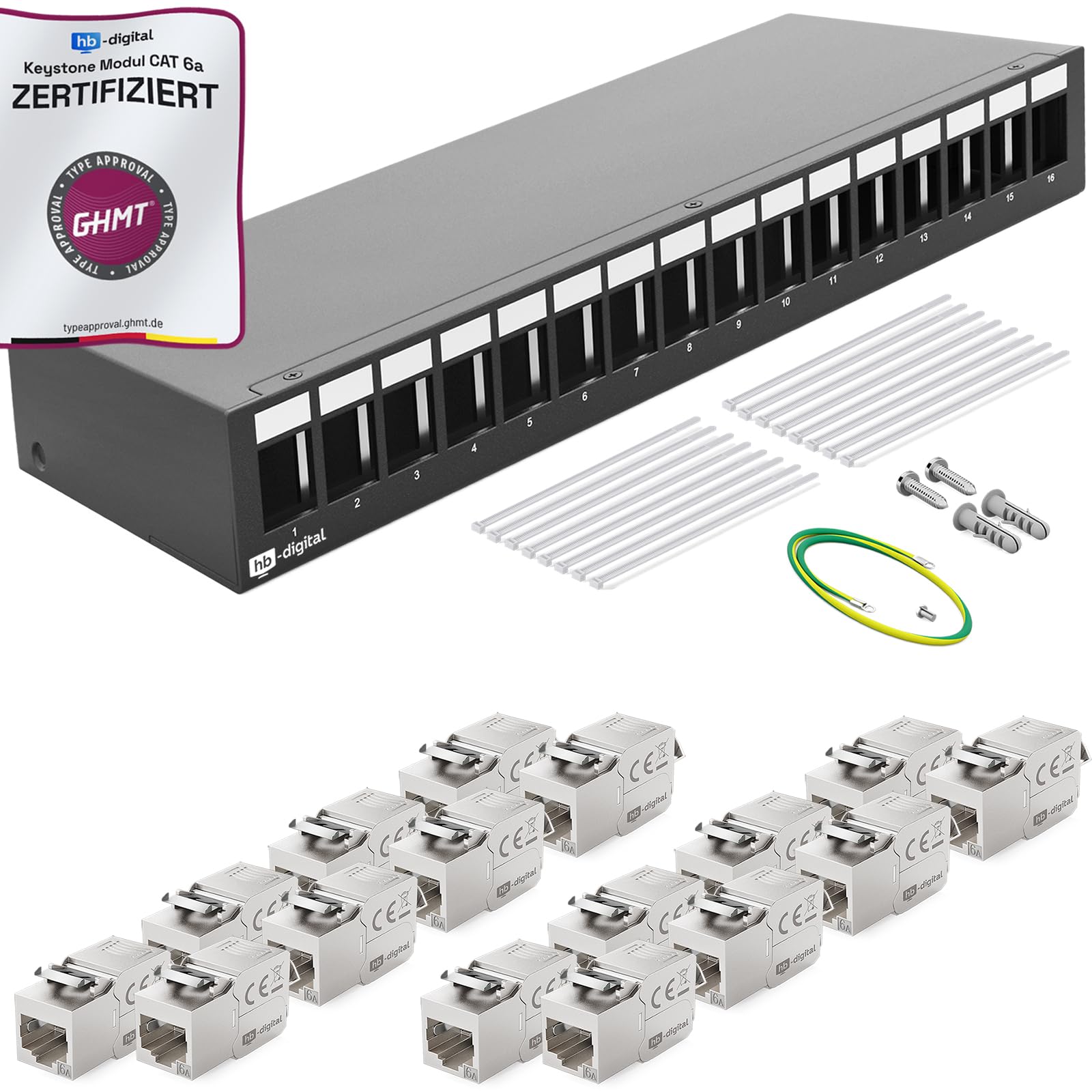 HB-DIGITAL Pannello patch a 16 porte di rete 1U + 16x CAT 6a Keystone Module RJ45 femmina jack per montaggio a parete compatibile con cavo di posa CAT 5e CAT 6 CAT 6a Ethernet LAN DSL nero