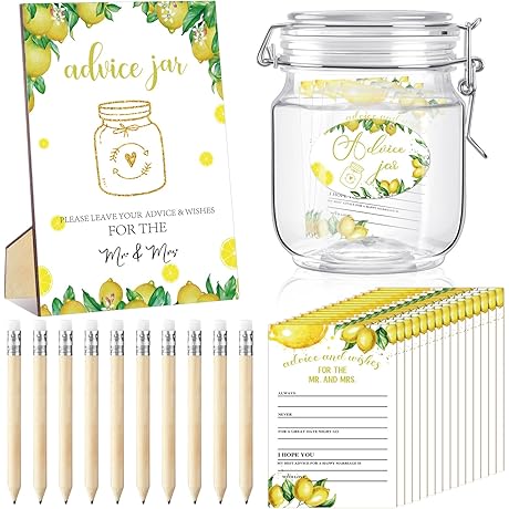 Lemon Bridal Shower Decor, 74 Pieces Lemon Wedding Decorations with Advice Cards and Wish Jars