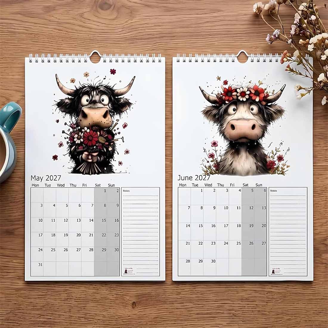2027 Niedlicher Highland Cow Wandkalender mit Spiralbindung (3Stück) | 2027 Lustiger Highland-Kuh-Wandkalender, 12 monatliche Highland-Kuh-Designs für Kuhliebhaber