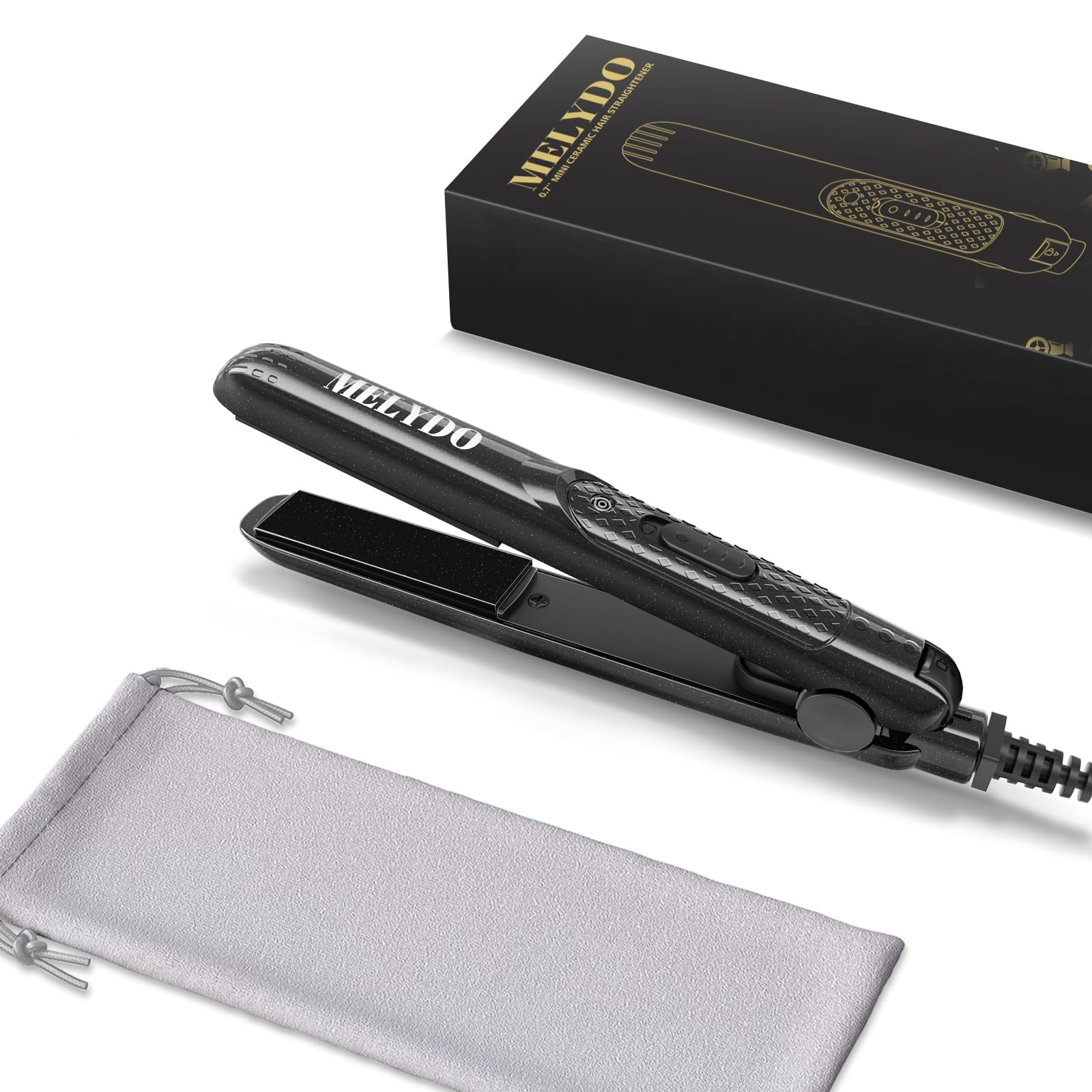 MELYDO Mini Hair Straightener 0.7" Portable Travel Flat Iron for Short Hair, Bangs & Beard - Ceramic Tourmaline Plates, Dual Voltage 100-240V, 60s Fast Heat, Heat Resistant Pouch