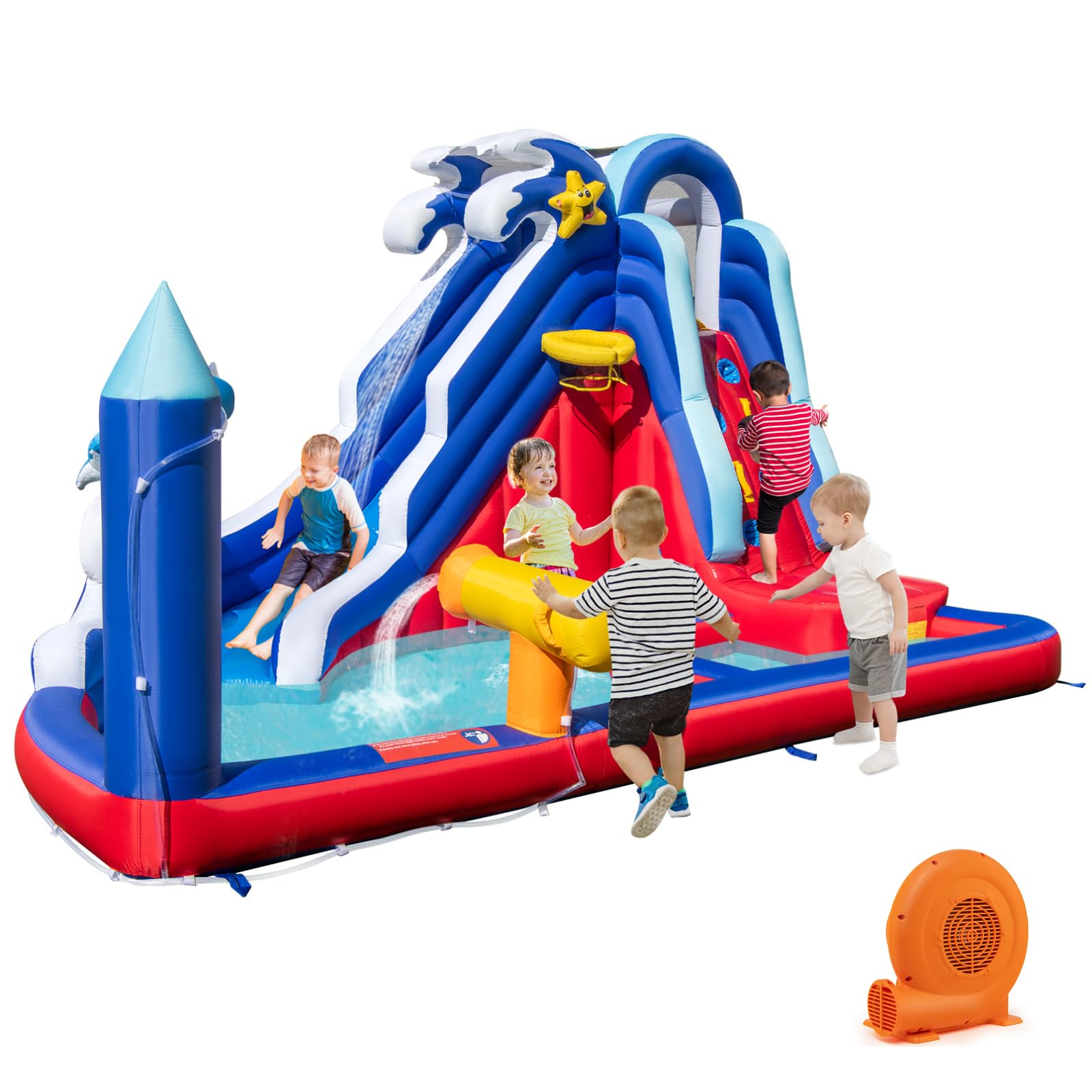 HONEY JOY Inflatable Water Slide, Dolphin Themed Waterslide Park for Kids Backyard, Long Slide, Climbing, Splashing Pool, Blow up Water Slides Inflatables for Kids and Adults(with GFCI 750w Blower)