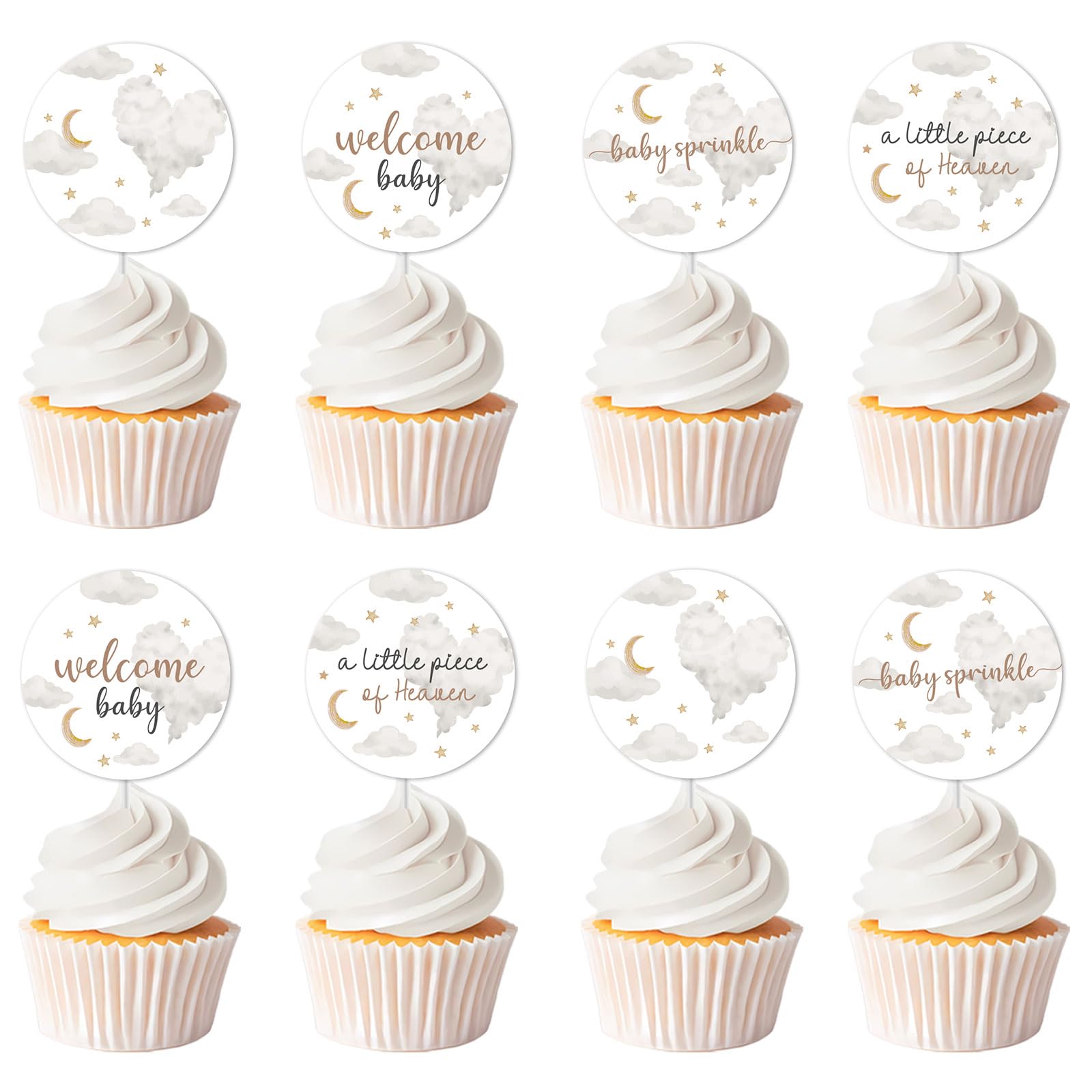 36Pcs A Little Piece of Heaven Cupcake Toppers Clouds Baby Shower Decorations Clouds Moons Stars Welcome Baby Cake Decorations for Boys Girls Baby Shower Supplies