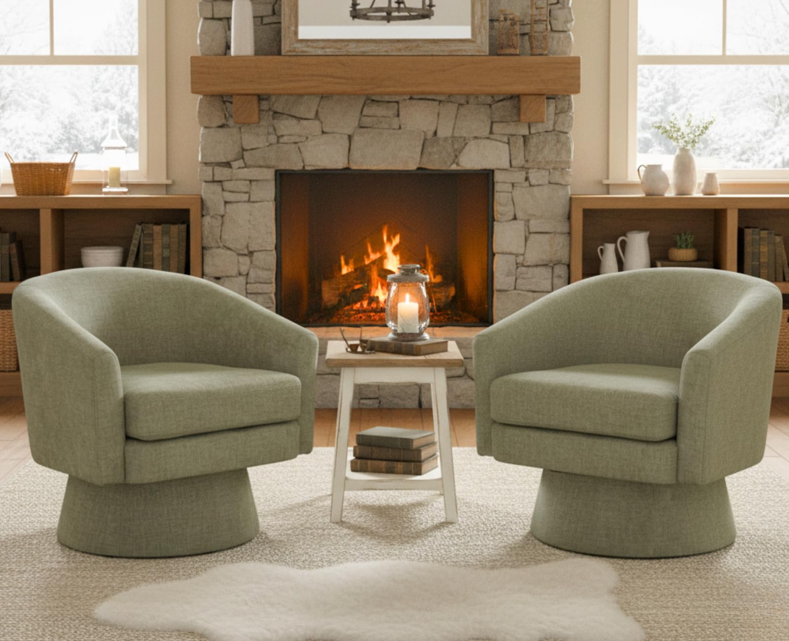 ROCITY Green Swivel Accent Chairs Set of 2 Linen Barrel Arm Chair Round Cozy Upholstered Reading Chair Modern Chenille Fabric Single Sofa Chair for