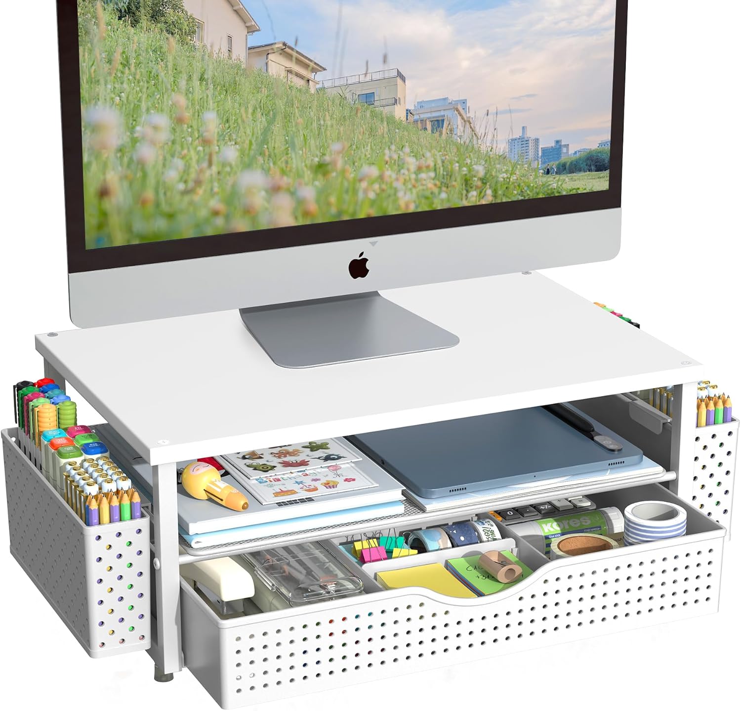 Organizador de escritorio y accesorios, soporte elevador para monitor de computadora con cajón y 2 soportes para bolígrafos, accesorios de