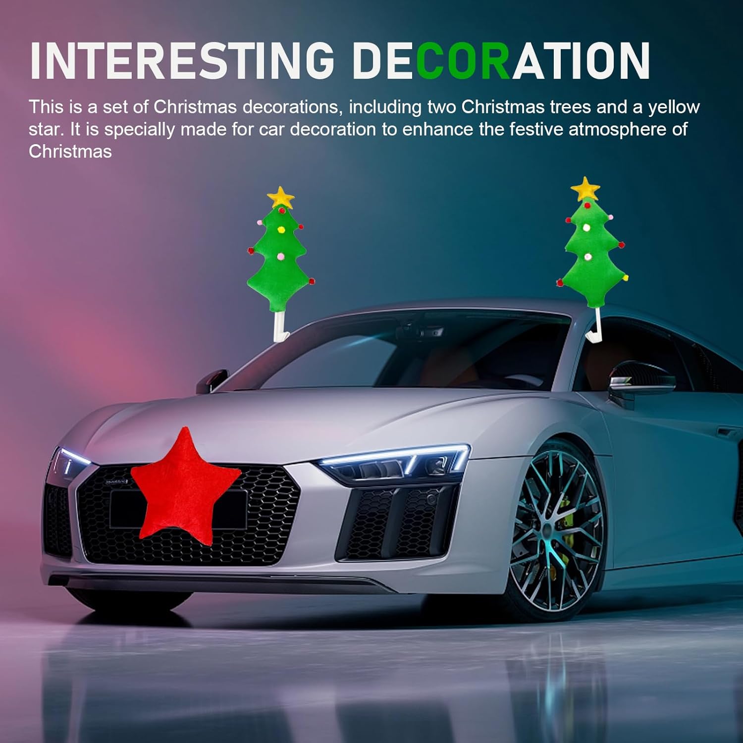 Christmas Car Reindeer Antler Kit, Christmas Tree Antlers & Star Nose for Car Window Roof-Top & Front Grille, Universal Cute Holiday Car Decoration Accessories (Green)