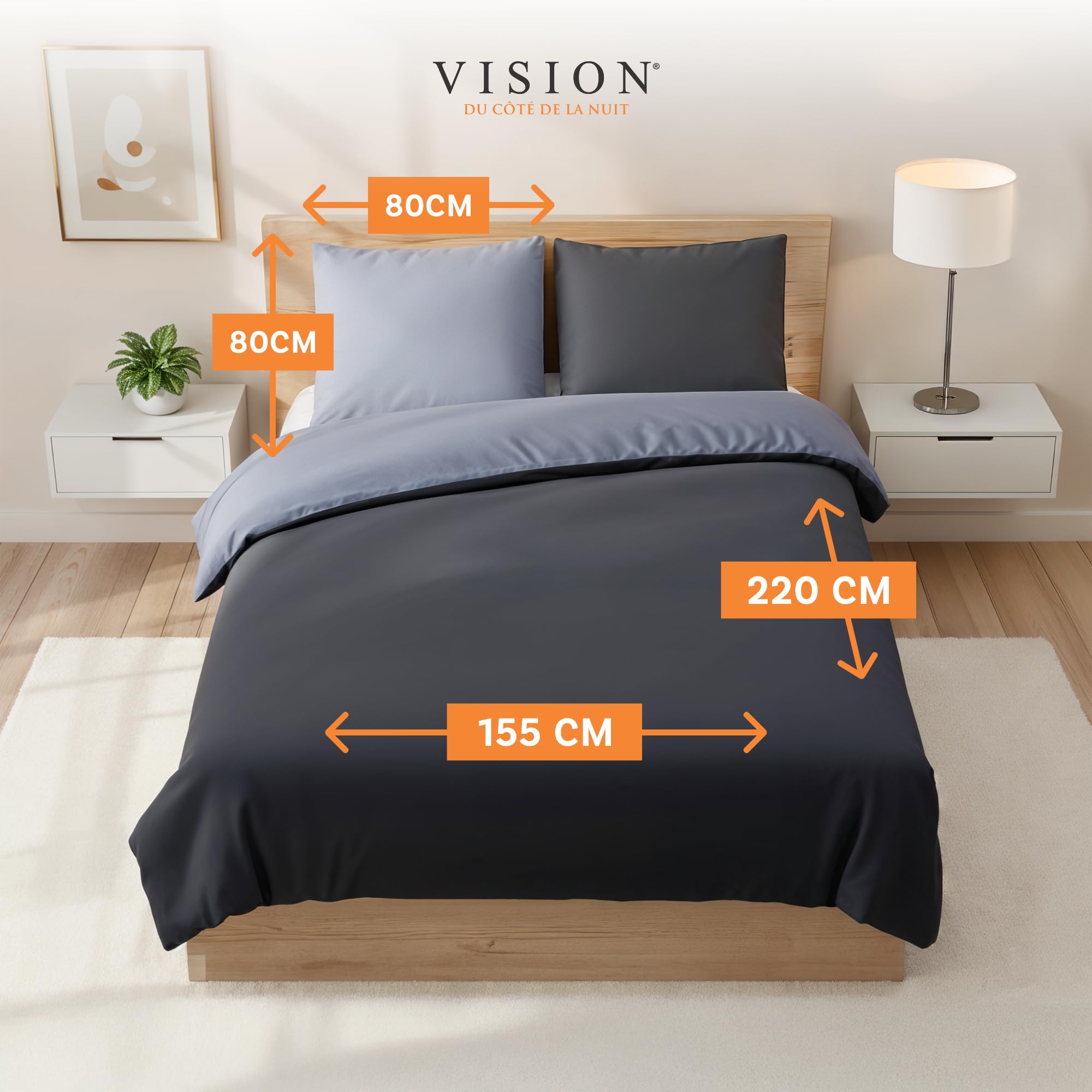 VISION Parure Copripiumino Reversibile 100% Cotone – Grigio Antracite | 1 Copripiumino (155×220 cm) + 2 Federe (80×80 cm) | 57 Fili/cm² | Morbido e Confortevole | Certificato Oeko-Tex