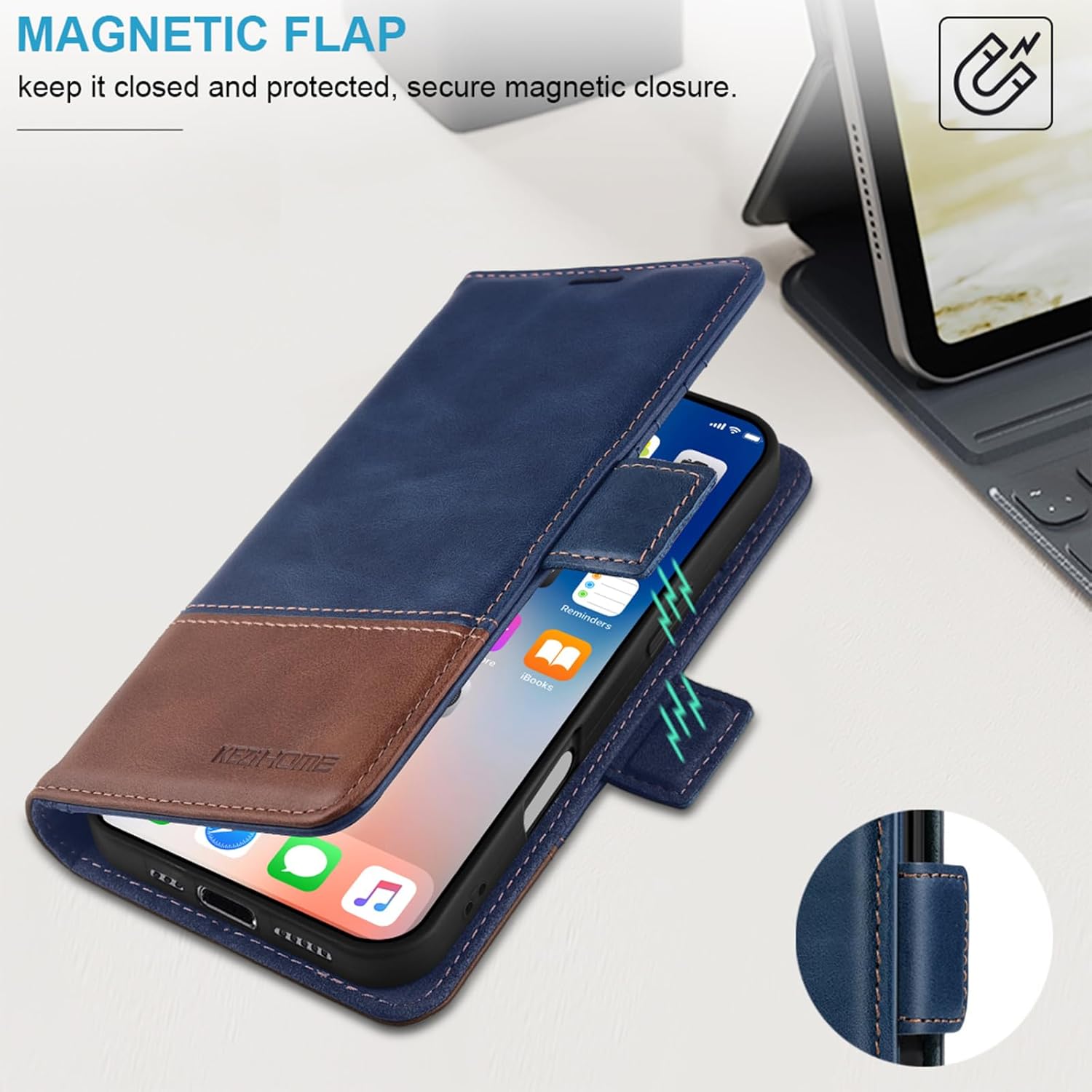 KEZiHOME Compatible with iPhone 17 pro max Wallet case, Shockproof Genuine Leather[RFID Blocking] Card Slot Magnetic Stand Filio Phone case for iPhone 17 pro max 5G (Royal Blue/Brown)