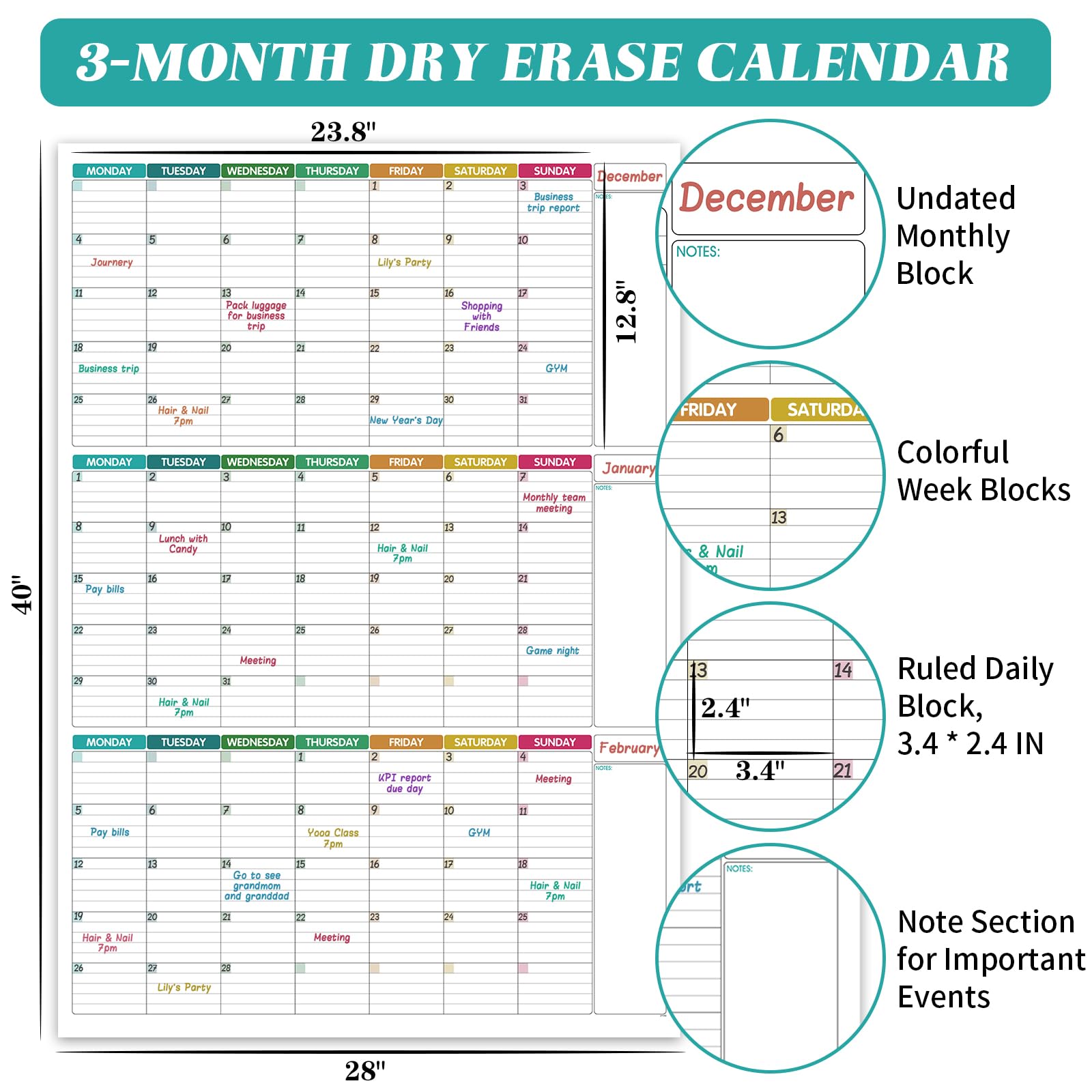 Großer Wandkalender, undatiert – Drei-Monats-Wandplaner, trocken abwischbar, wiederverwendbar, riesiges laminiertes Poster, Ziel- und Aufgaben-Organizer für Ihr Zuhause, Büro, 101 x 73 cm, bunt
