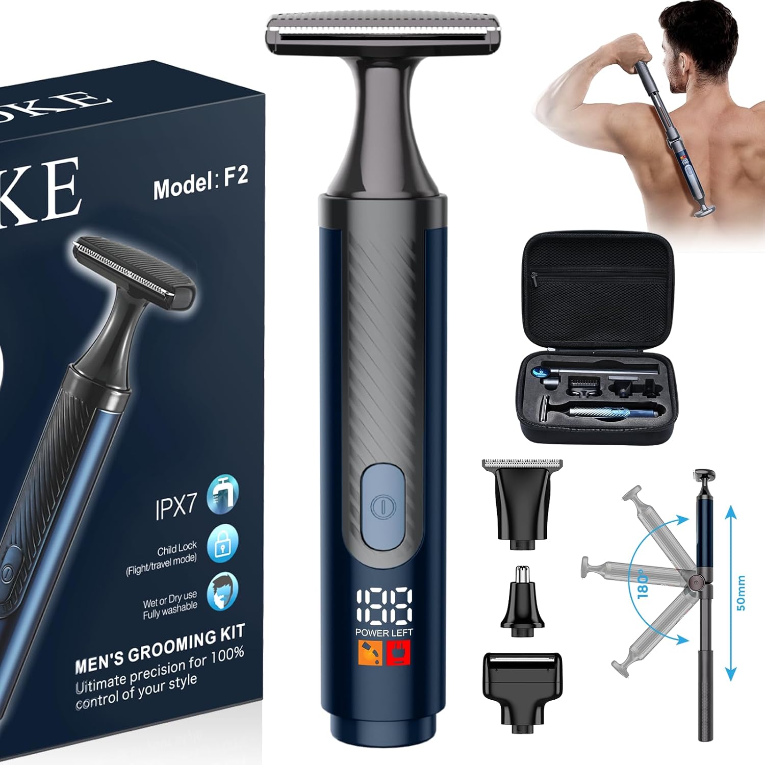FOKE Back Shaver for Men, Ultra-Wide 2" T-Shaped Head, Travel Case, LED 4 in 1 Mens Back Shaver Rechargeable with Long Handle, Safety Lock, IPX7, Multi-Functional Back Trimmer for Men, (Soft Black)