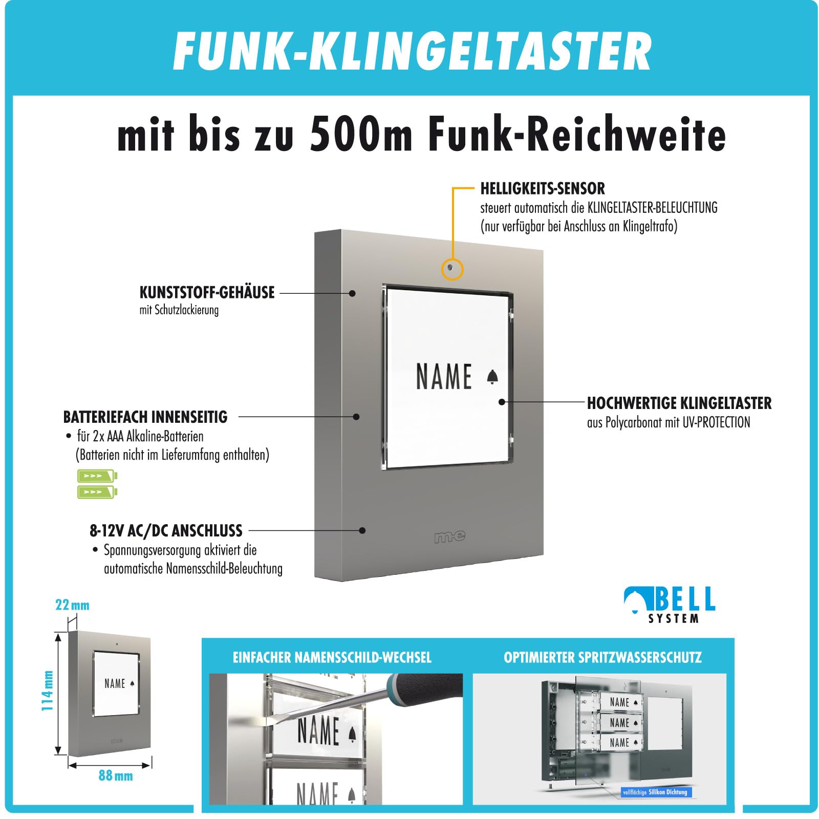 m-e Funkklingel BELL-521 AC Silber mit Sender und Empfänger für 1-Familienhaus, Erweiterbare kabellose Türklingel mit 500 Meter Reichweite, Türglocke für Steckdose Türklingel Funk