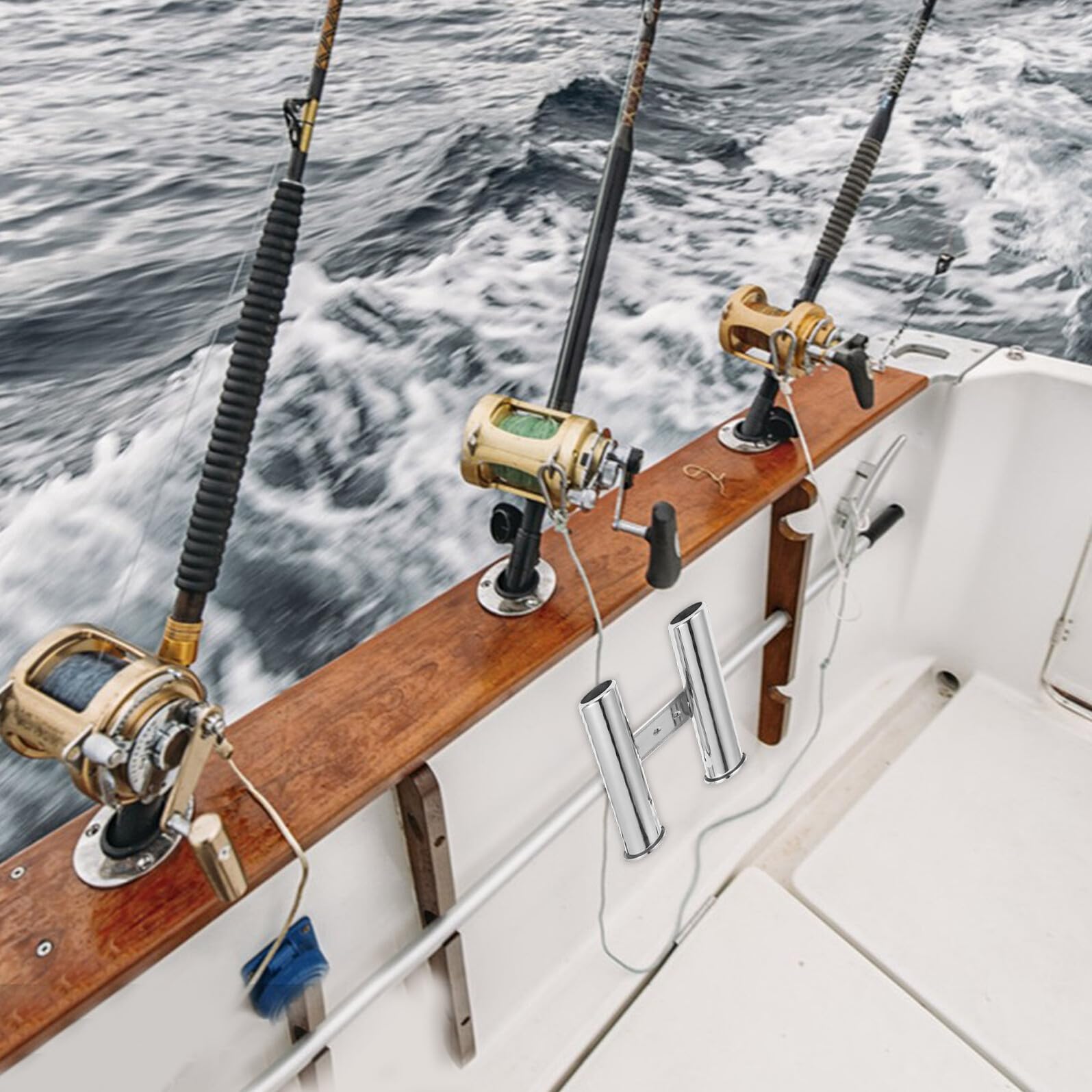 FOMIYES Supporto per Canne da Pesca in Acciaio Inossidabile Doppio Tubo, Resistente e Stabile, Ideato per Vacanze Estive e Pesca, Funzione di Drenaggio Dell'acqua