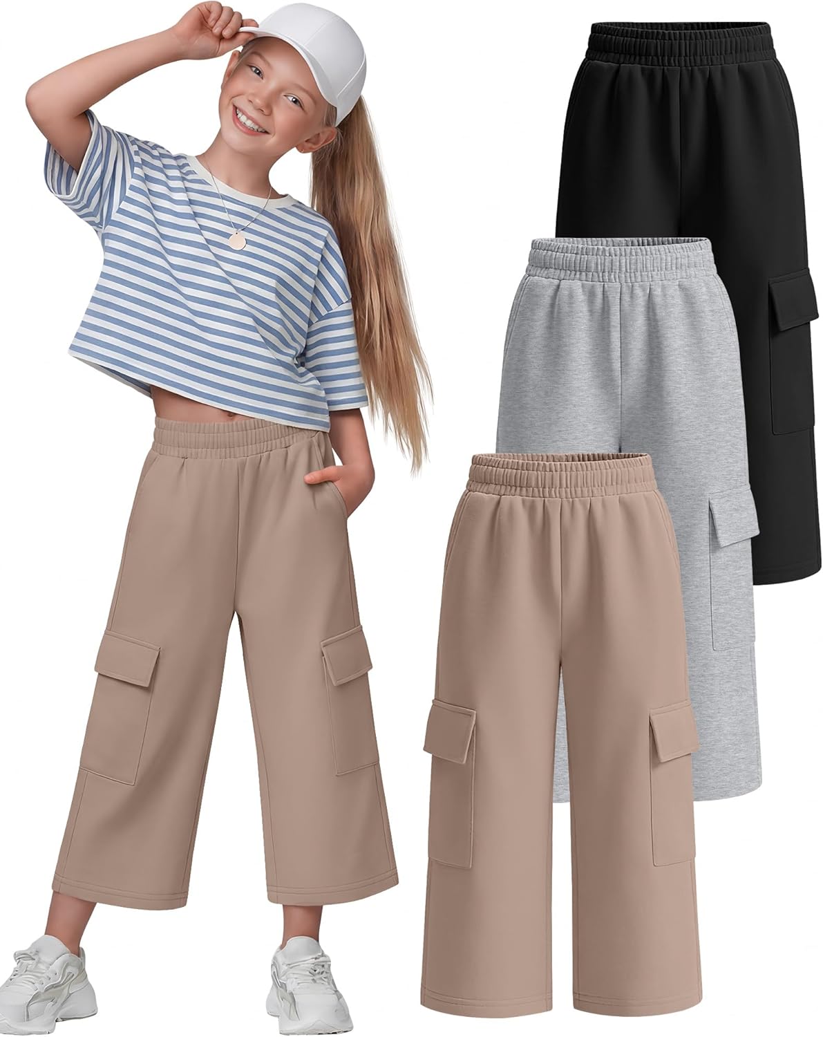 Halfchet 3 Pack Girl's Cargo Capri Pants Wide Leg Elastic Waistband Sweatpants Baggy Casual Athletic Trousers with 4 Pockets