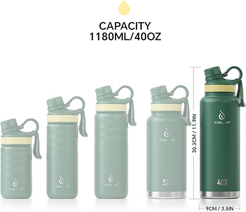 Miniatura 7 de IDEUS Botella de agua aislada de acero inoxidable con 2 tapas a prueba de fugas, termo para senderismo, ciclismo, 40 onzas, verde