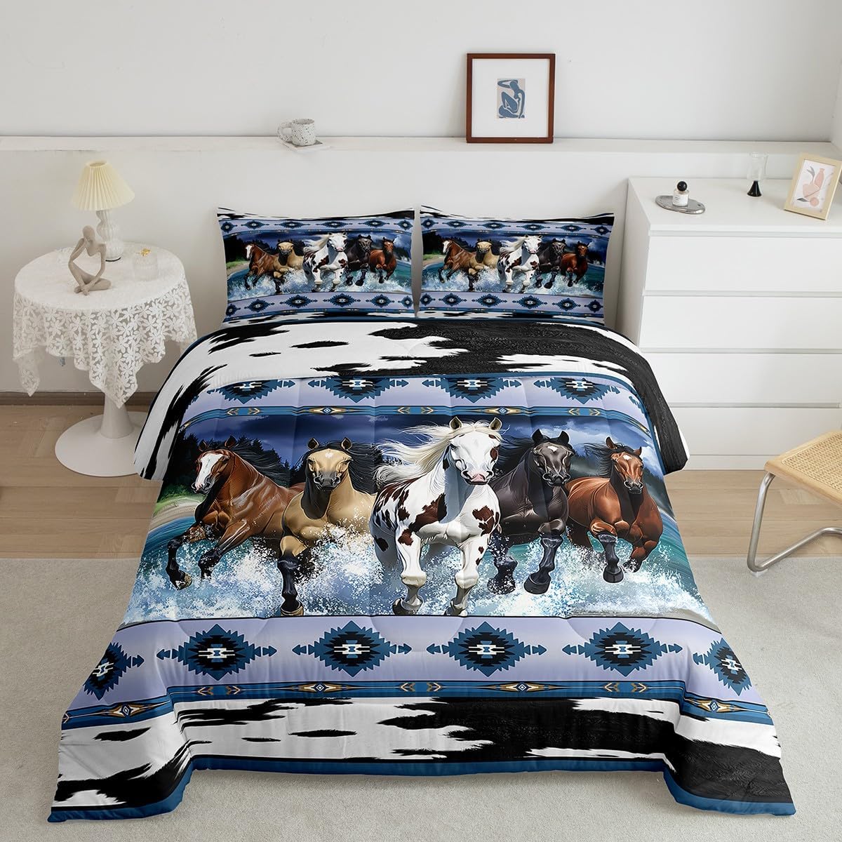 Feelyou Horse Bedding Set Queen Size Kids Galloping Horse Comforter Set Western Cowboy Southwestern Geometric Comforter for Room Decor Cute Animal Decor Duvet Set with 2 Pillow Case